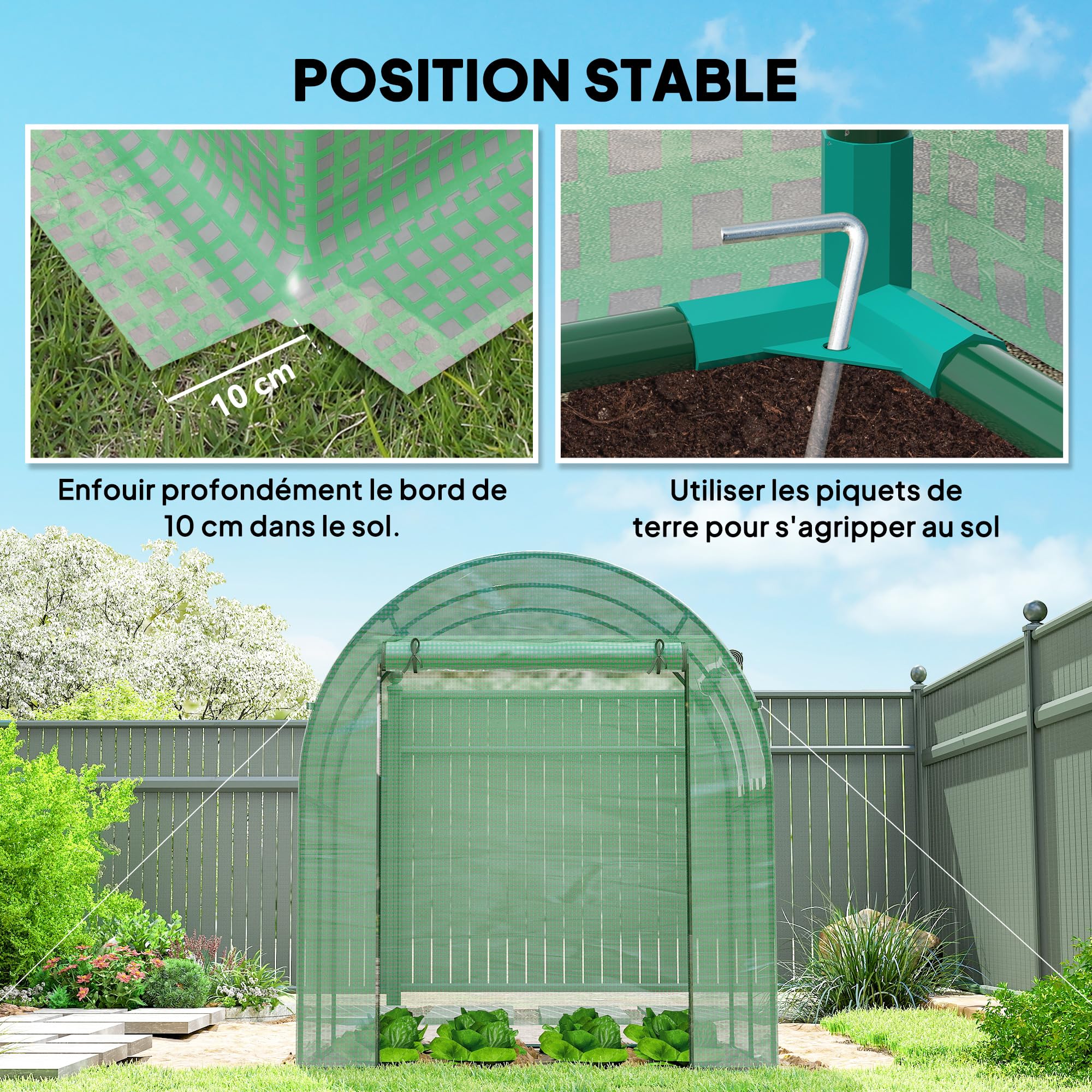 Outsunny Serre tunnel de jardin 3,24m² 180x180x200cm cadre acier porte fenêtre enroulables bâche PE verte