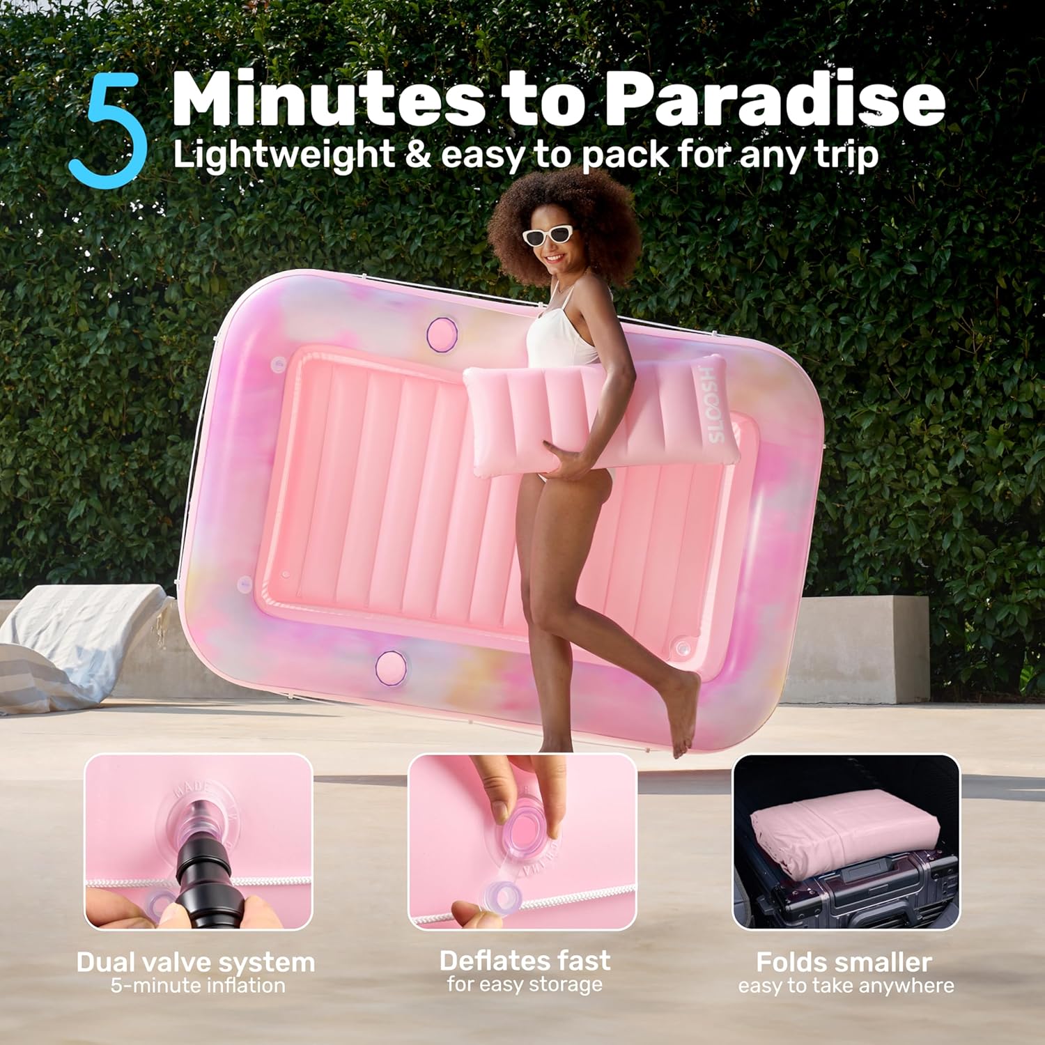 SLOOSH Inflatable Tanning Pool Lounger Float, 70" x 46" Pool Floats Adult with Pillow, 4 in 1 Suntan Tub Raft Floatie,Sunbathing Bed Lounge for Water Blow Up Ball Pit Party Gifts