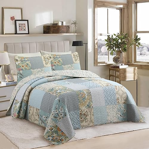 Miniatura 6 de Cozy Line Home Fashions Juego de ropa de cama reversible 100% algodón, diseño de hortensias florales azul turquesa y hojas de jardín, colcha