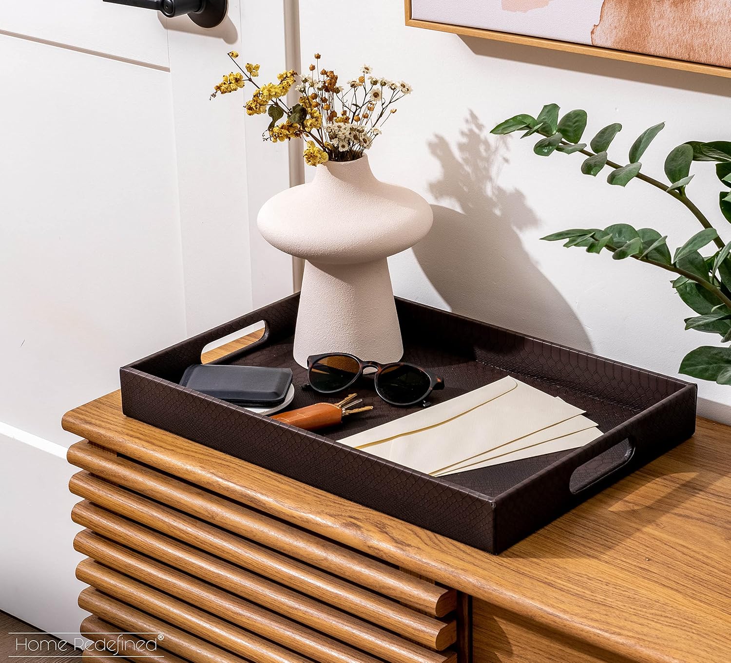 Modern 17.5"x12" Rectangle Brown Snake Faux Leather Decorative Tray Serving Tray with Handles Ottoman Coffee Table Dresser Living Room Kitchen Tray by Home Redefined for All Occasion's. - Image 2