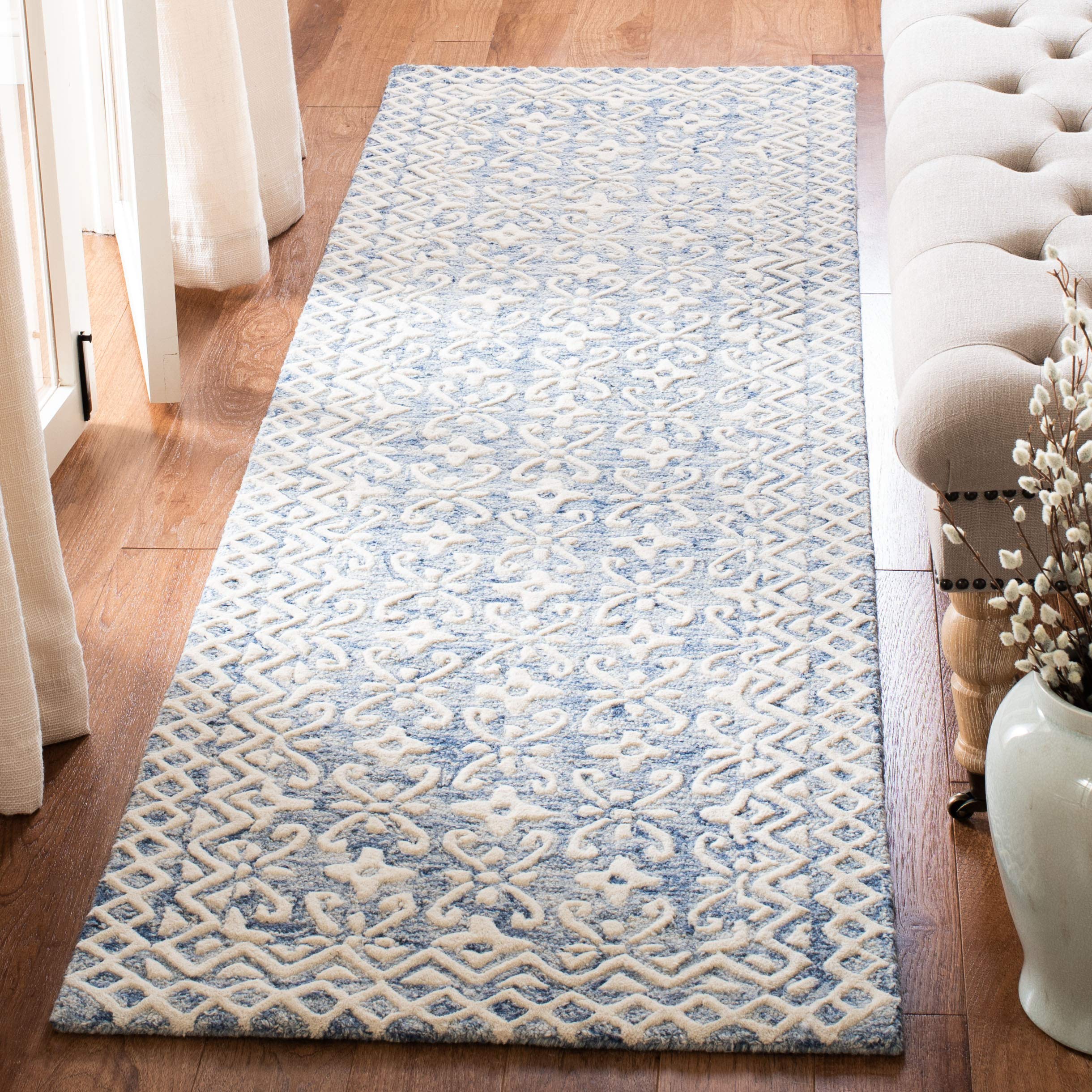 SAFAVIEH Blossom Collection 2'3" x 8' Blue/Ivory BLM114M Handmade Premium Wool Runner Rug