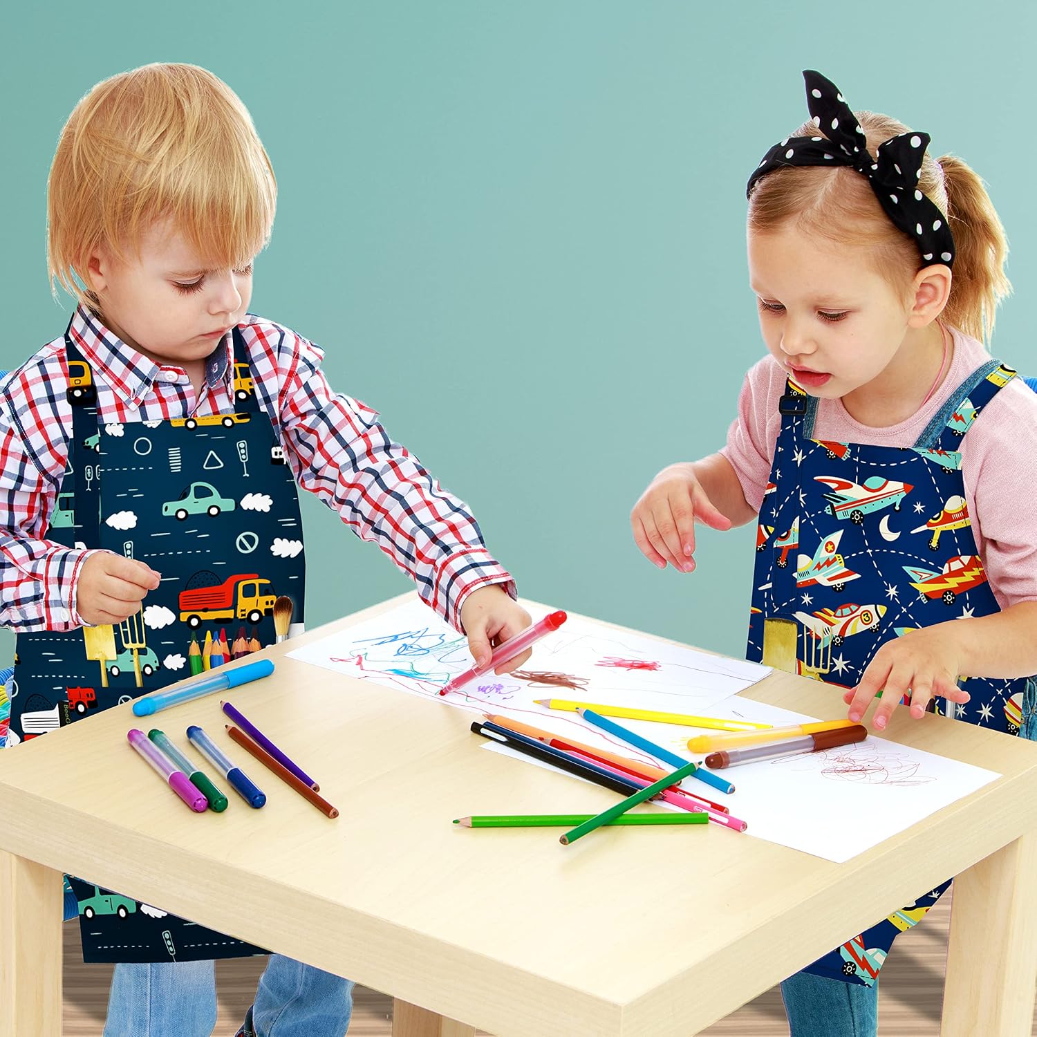 BeeGreen Kids Apron 2 Pack Cooking Aprons w Adjustable Strap Kitchen Aprons with Front Pockets for Girls & Boys Toddler Aprons for Painting Baking Artist Smocks Washable Waterproof(Cars & Rockets)