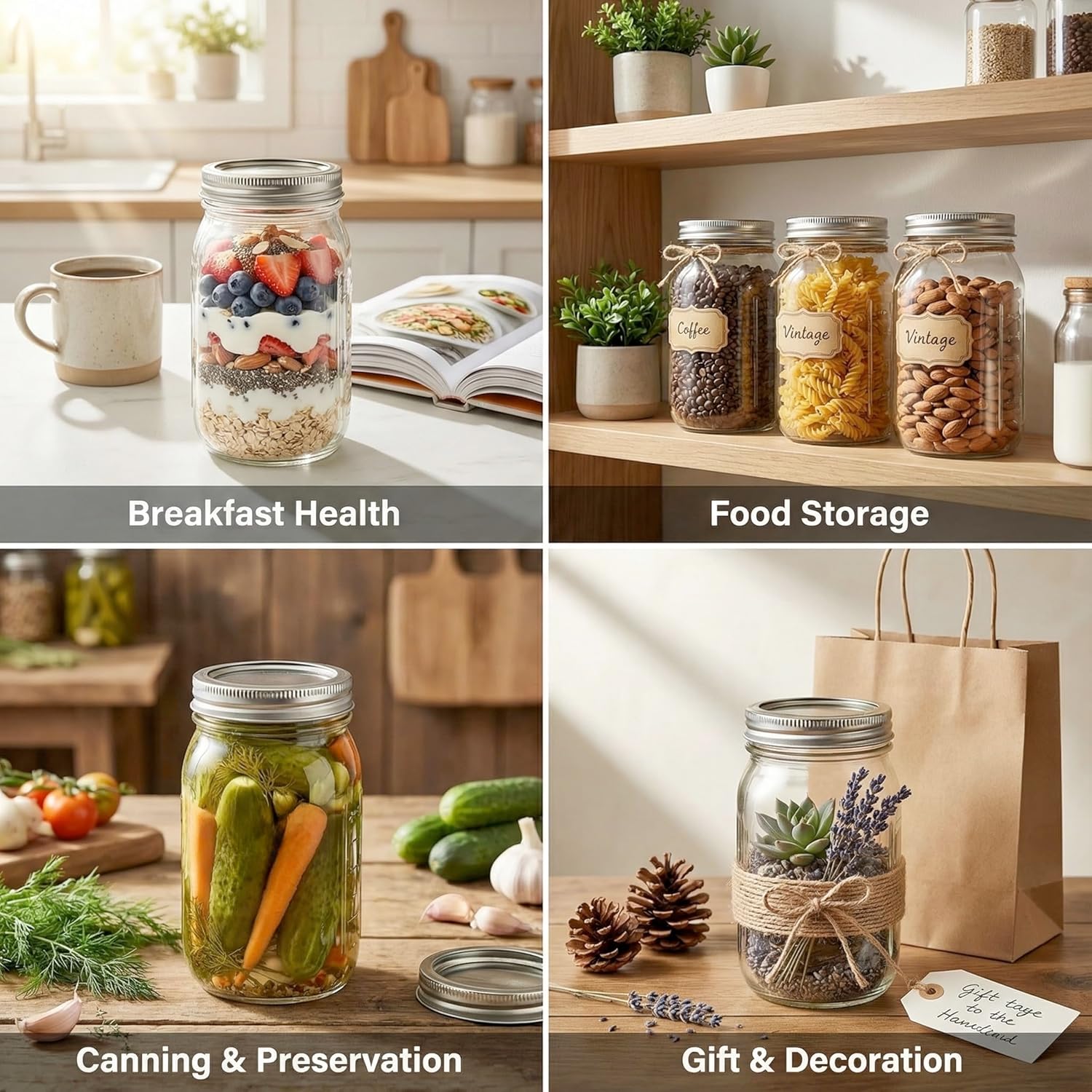 32 oz Wide Mouth Mason Jars with Airtight Lids and Bands, 12 Pack Quart Glass Canning Jars for Pickling, Meal Prep, Overnight Oats, Storage & DIY Crafts