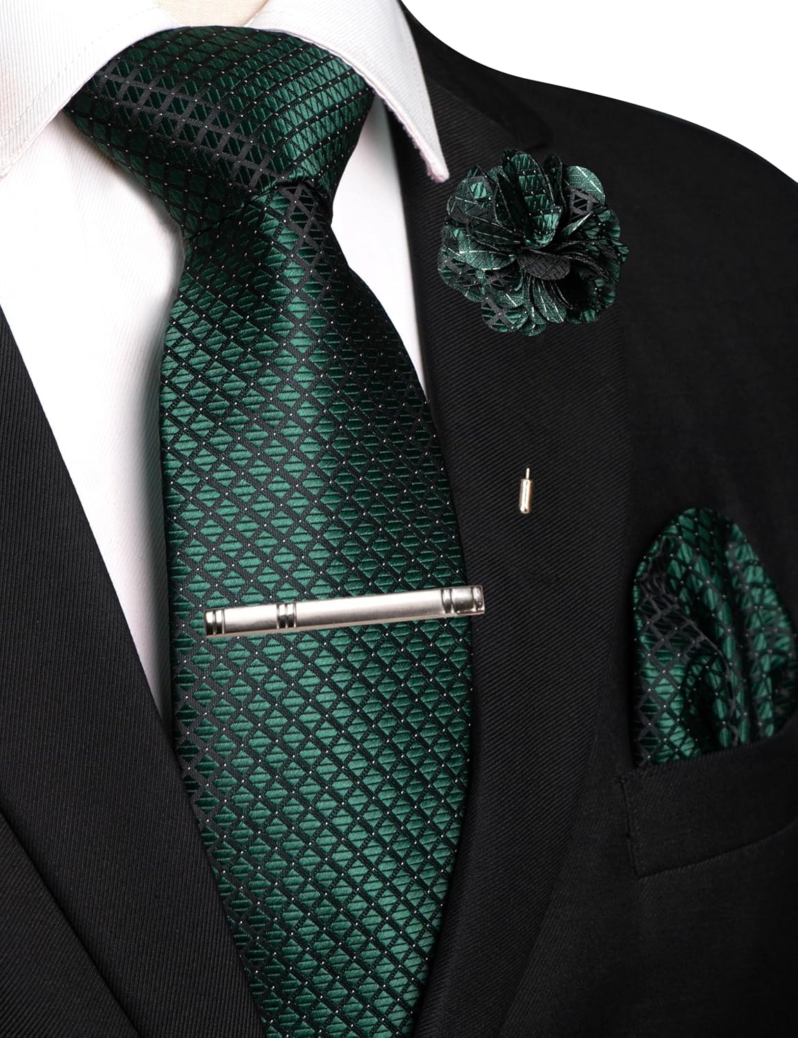 JEMYGINS Mens Solid Color Plaid Tie and Lapel Pin Necktie Pocket Square and Tie Clip with Sets for Business Casual 4PCS - Image 2
