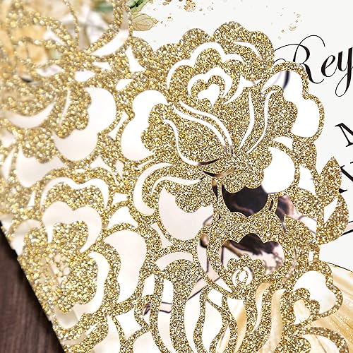 Miniatura 7 de DORIS HOME 50 invitaciones de quinceañera cortadas con láser, purpurina dorada, 4.7 x 7.1 pulgadas, invitaciones de membrillo en blanco para