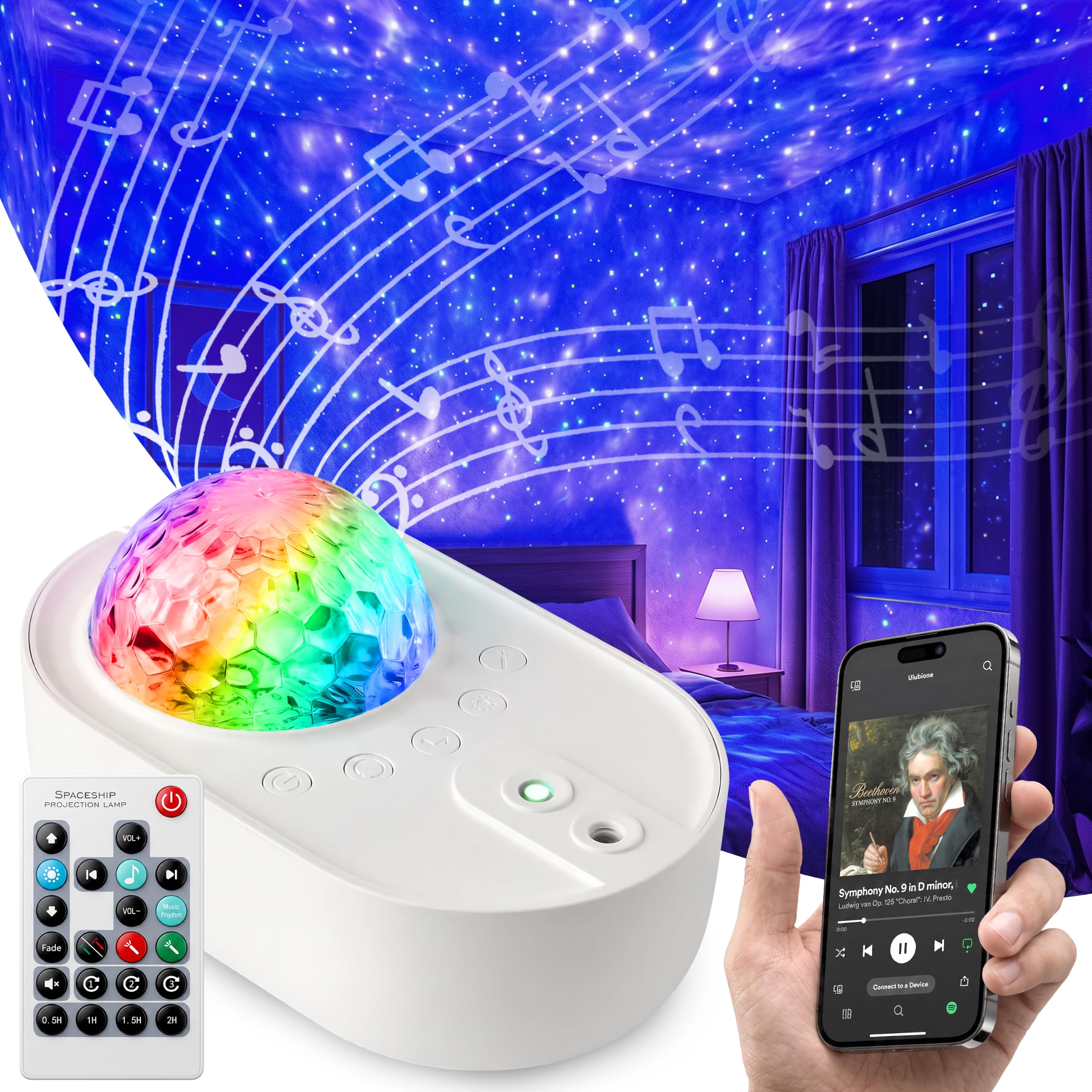 Retoo Proyector de cielo estrellado, luz nocturna con altavoz de música Bluetooth, proyector de luz de estrellas con mando a distancia, Galaxy Planetarium, lámpara de estrella para decoración