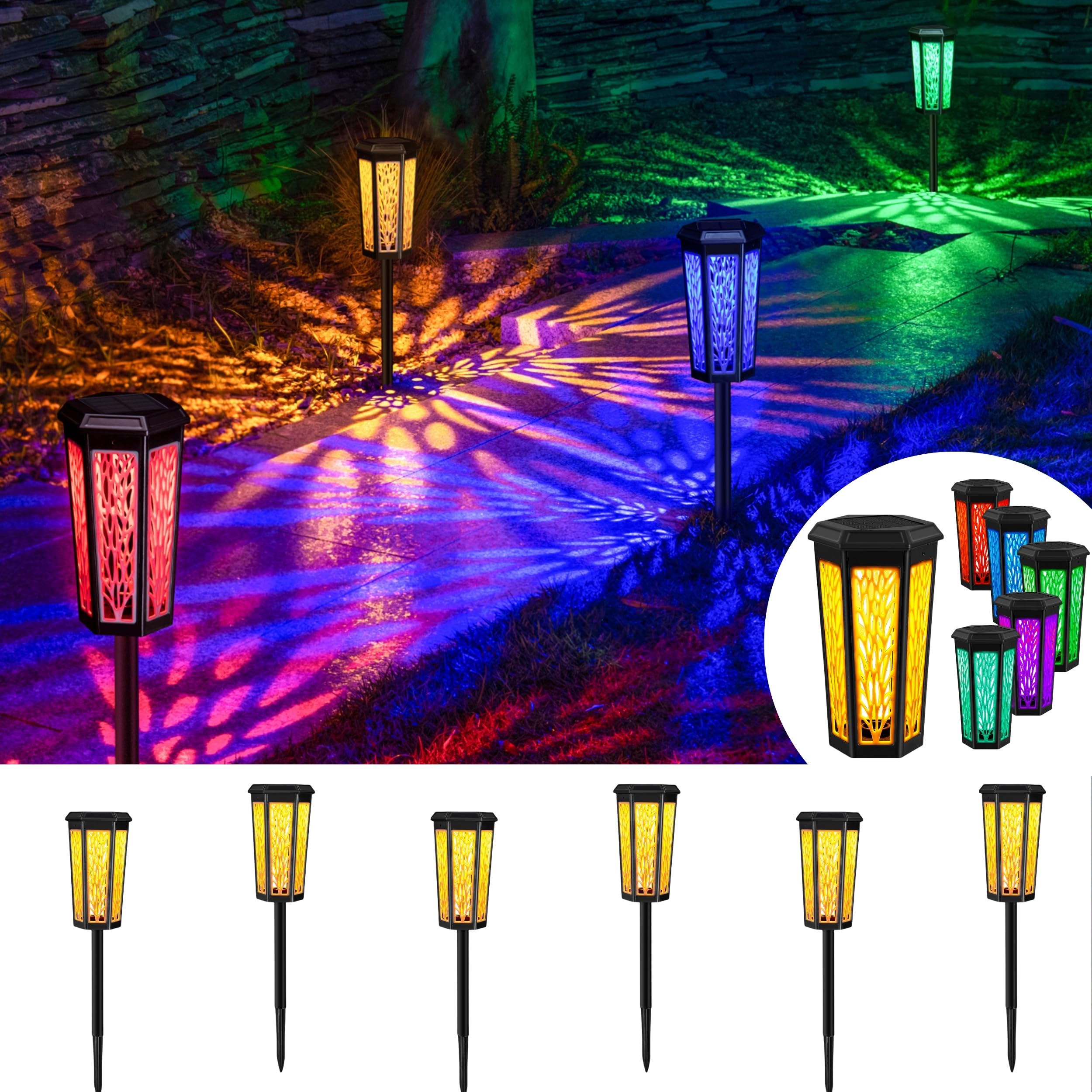 Solar Lights Outdoor, 6 Pack, Waterproof, Color Changing Pathway Lights, for for Garden, Pathway, Patio, Walkway, Lawn Home, Parties, and Holidays (WARM & RGB)
