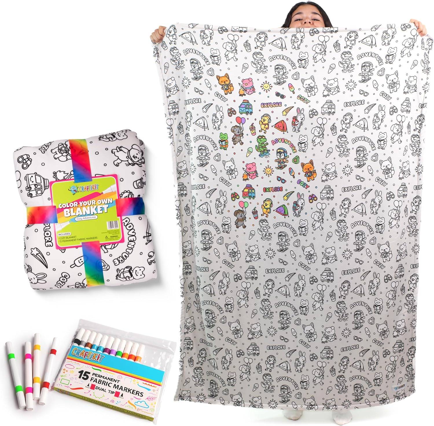 Color-In Blanket for Kids & Adults – Oversized Wearable Blanket Craft Kit – Permanent Marker Design – Sherpa Fleece, Machine Washable - 40" x 60"