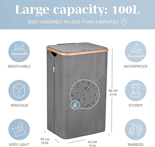Miniatura 6 de Cesta de lavandería gris con tapa  XL 100 L  Cestas grandes para lavandería con asas  Contenedor alto de bambú para ropa sucia  Cesta de papel