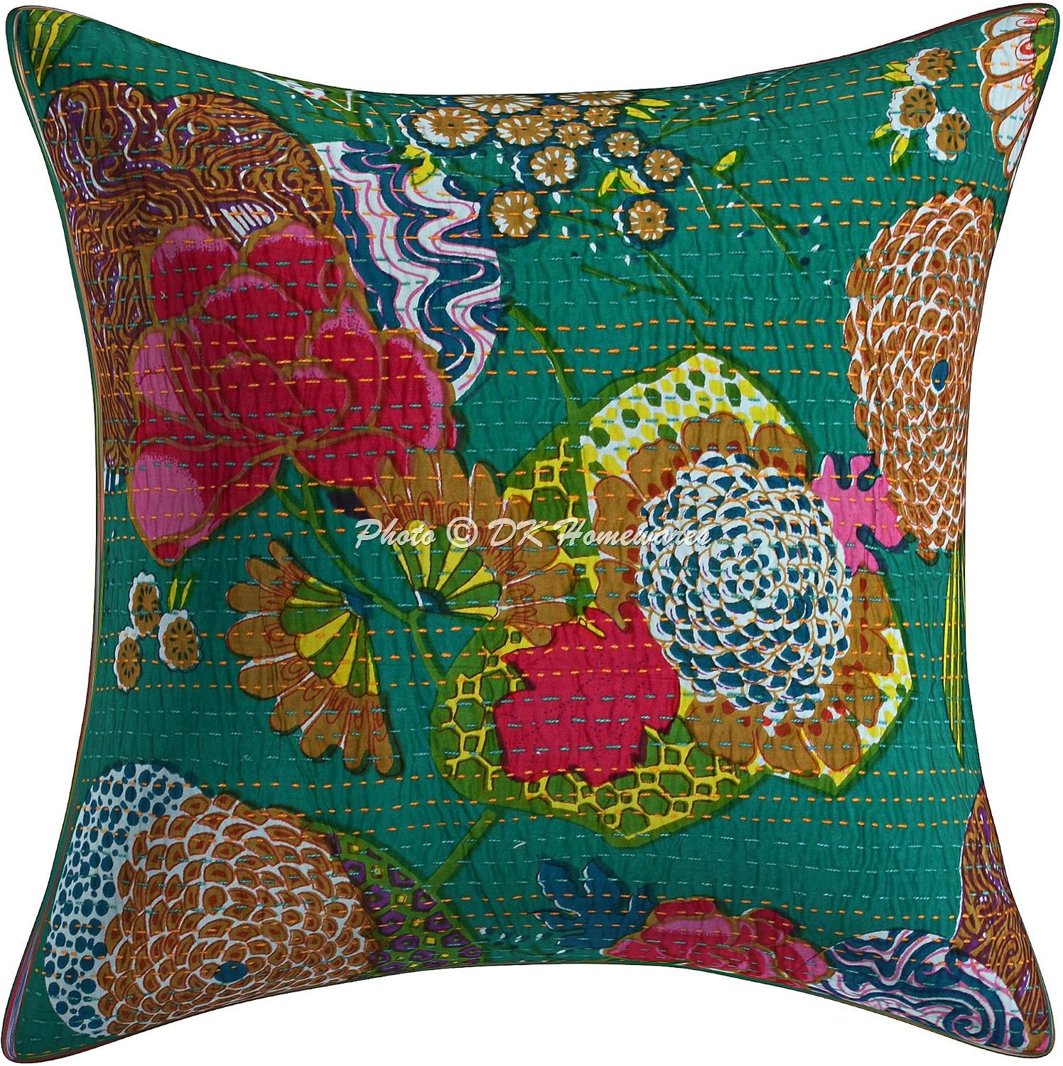 Bohemian Decorative Toss Throw Pillowcases 16 Inch Cotton Kantha Tropicana Indian Square Accent Cushion Covers (Size - 40x40 cm ; Color: Emerald Green) - Set of 4 Pcs (Cover Only)
