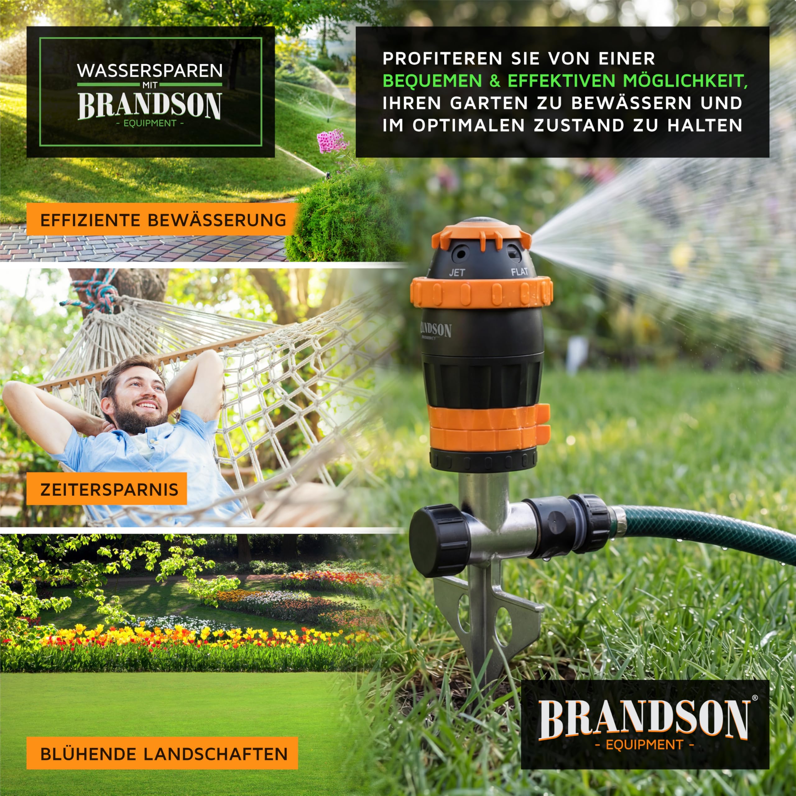 Brandson – Rasensprenger Rasensprinkler 360 Grad – fünf Sprühmuster – große Flächen – Gartensprenger 3/4 Zoll– einstellbare Sprühbreit – Edelstahl Erdspieß – einstellbare Sprühweite – Schmutzfilter