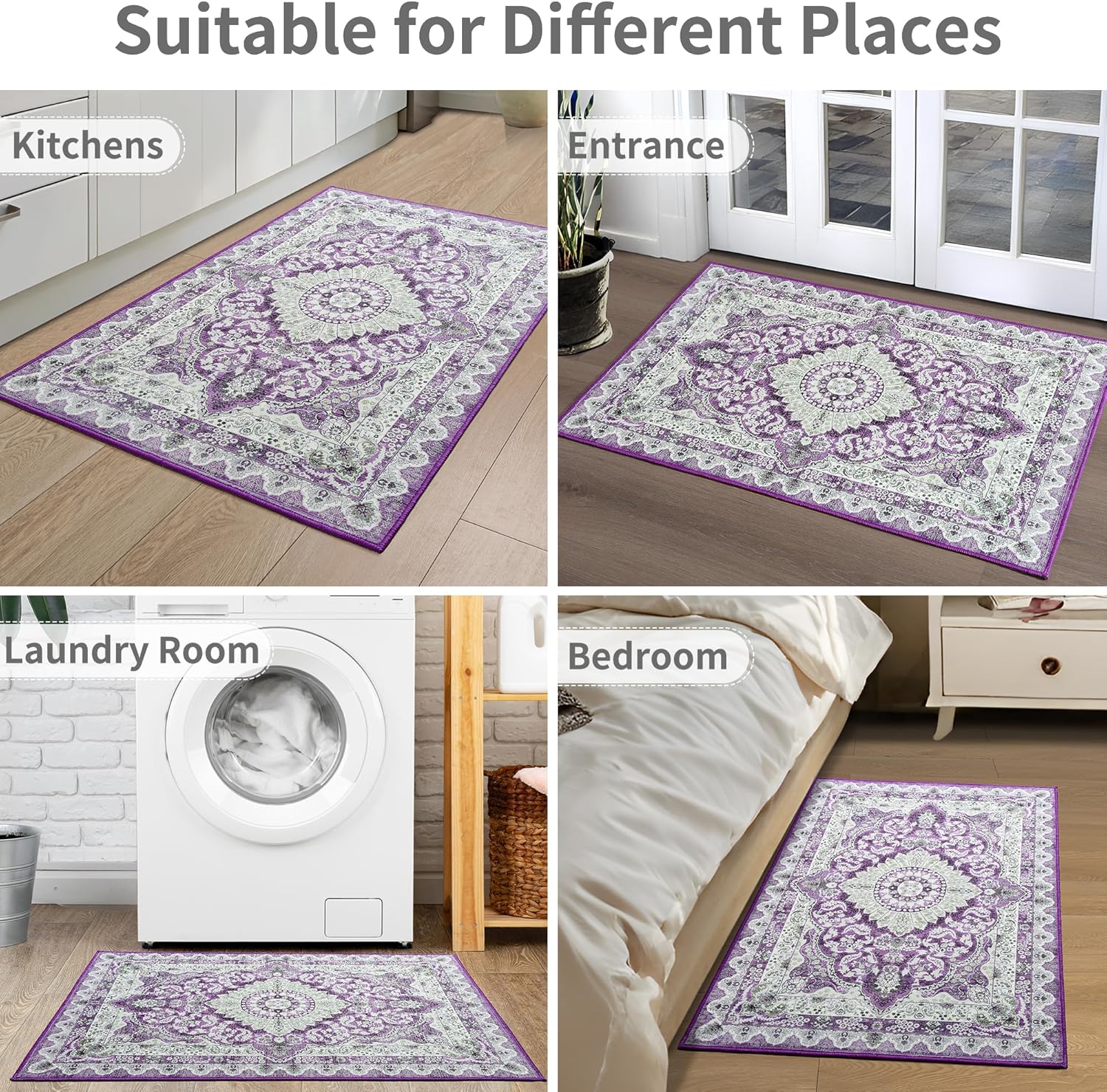 Foxmas Small Rugs for Entryway 2x3 Feet, Non-Slip Doormat Indoor Entrance Vintage Washable Area Rug, Low Pile Throw Rugs for Entryway Bedroom Kitchen Living Room, Purple