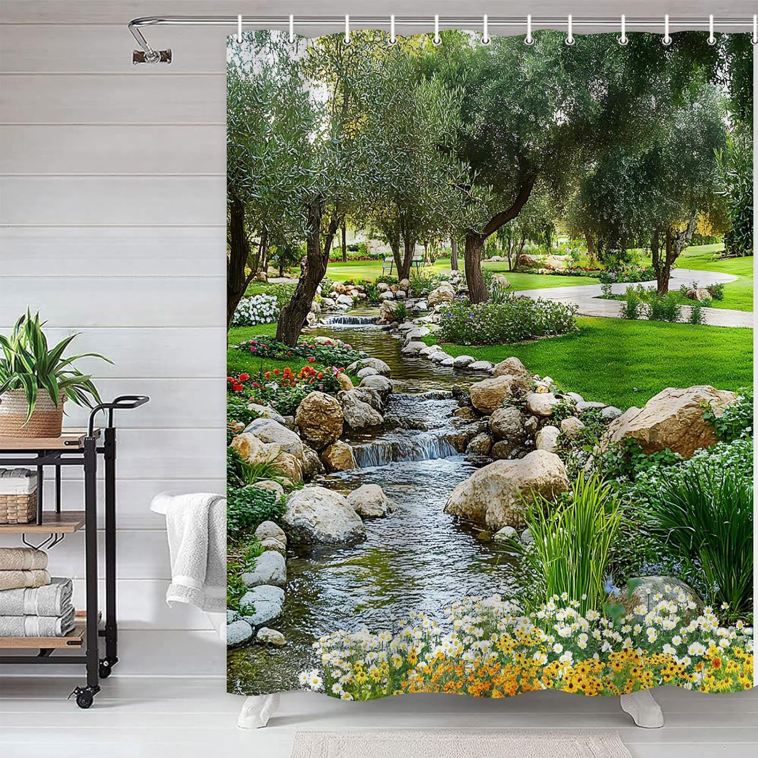 Garden Landscape Shower Curtain Spring Summer Nature Flower Plants Recreational View Pond Grass Stones Greenery Forest Polyester Fabric Bathroom Decor 70×78 Inch with Hook