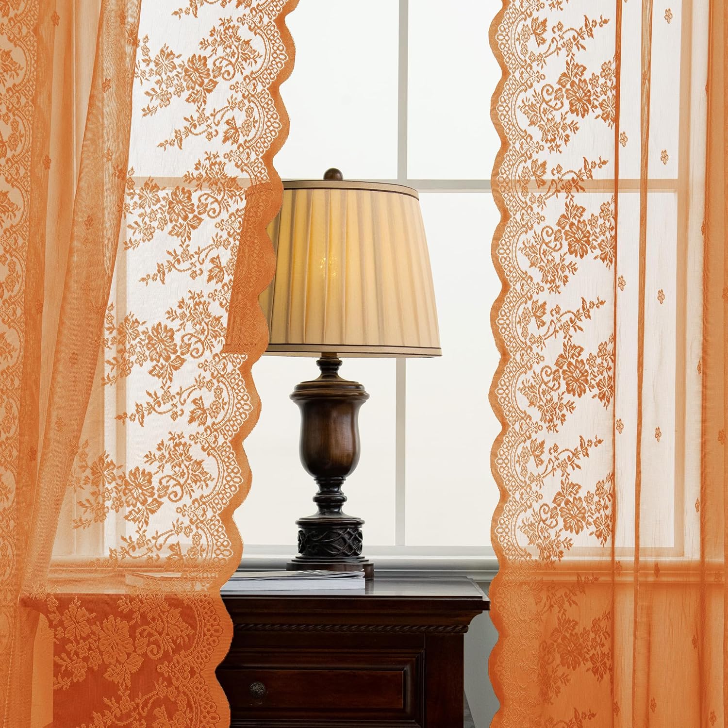 Outdoor Sheer Curtains for Patio, Waterproof Rod Pocket Outside Lace Sheer Curtain for Gazebo, Porch, Pergola, 4 Panels Orange 54W x 84L inches