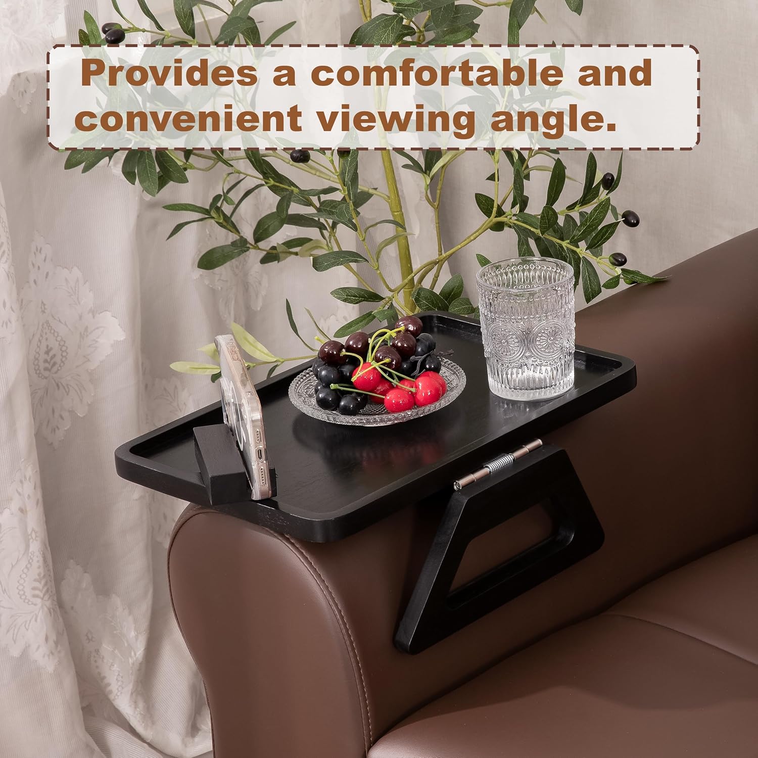 Acacia Wood Sofa Armrest Tray -15.4 x 9.84 in Double Hinge Sofa Arm Tray Table Clip-Couch Arm Table-Wooden Side Tables for Eating and Drink (Acacia, 15.4" D x 9.84" W x 5.7" H)(Black)