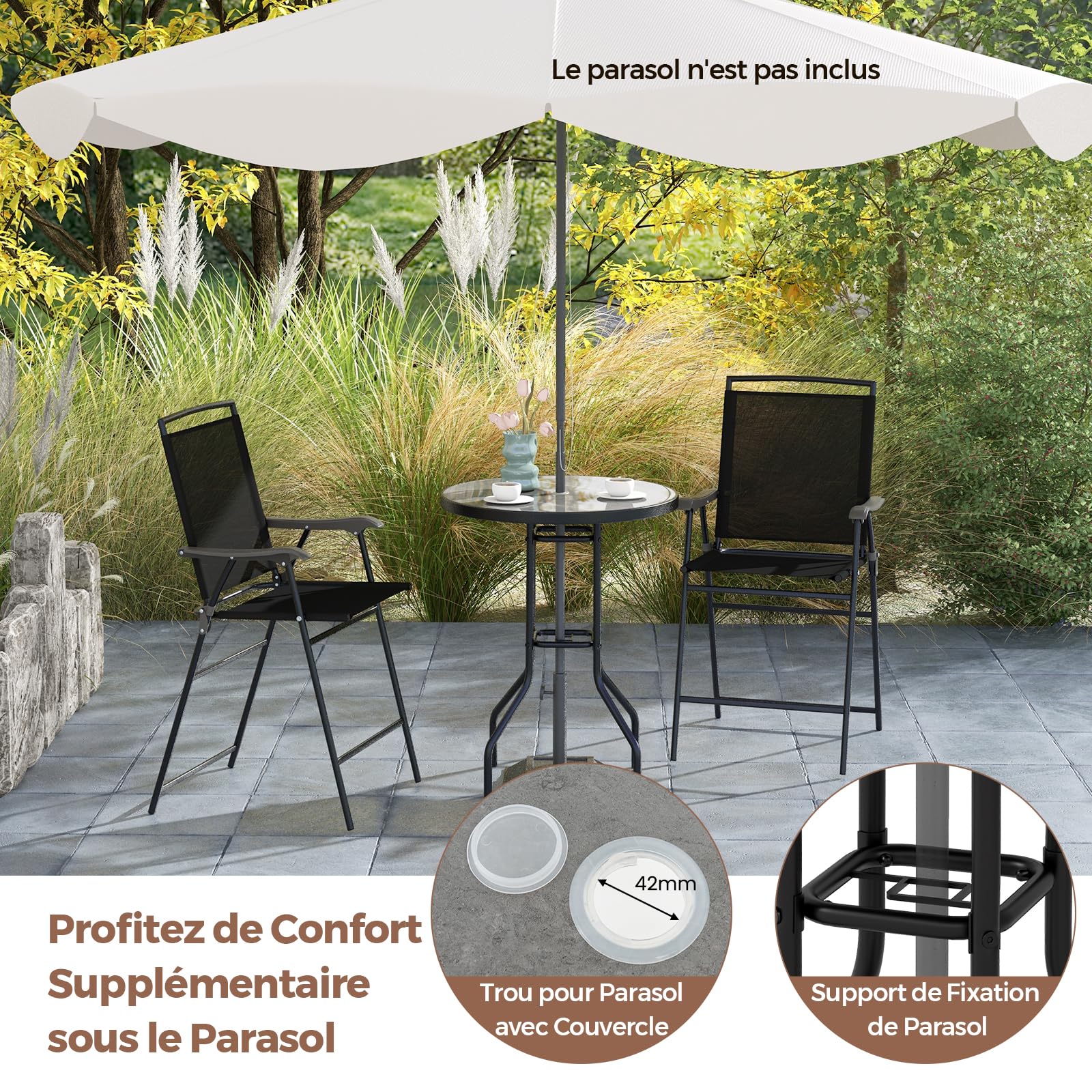 GIANTEX Ensemble Table et Chaise Bar, Mange Debout Extérieur 1 Table Haute en DPC 2 Chaises Bar Pliantes, Trou de Parasol de 42 mm, Ensemble Bistrot pour Jardin, Patio, Balcon, Noir