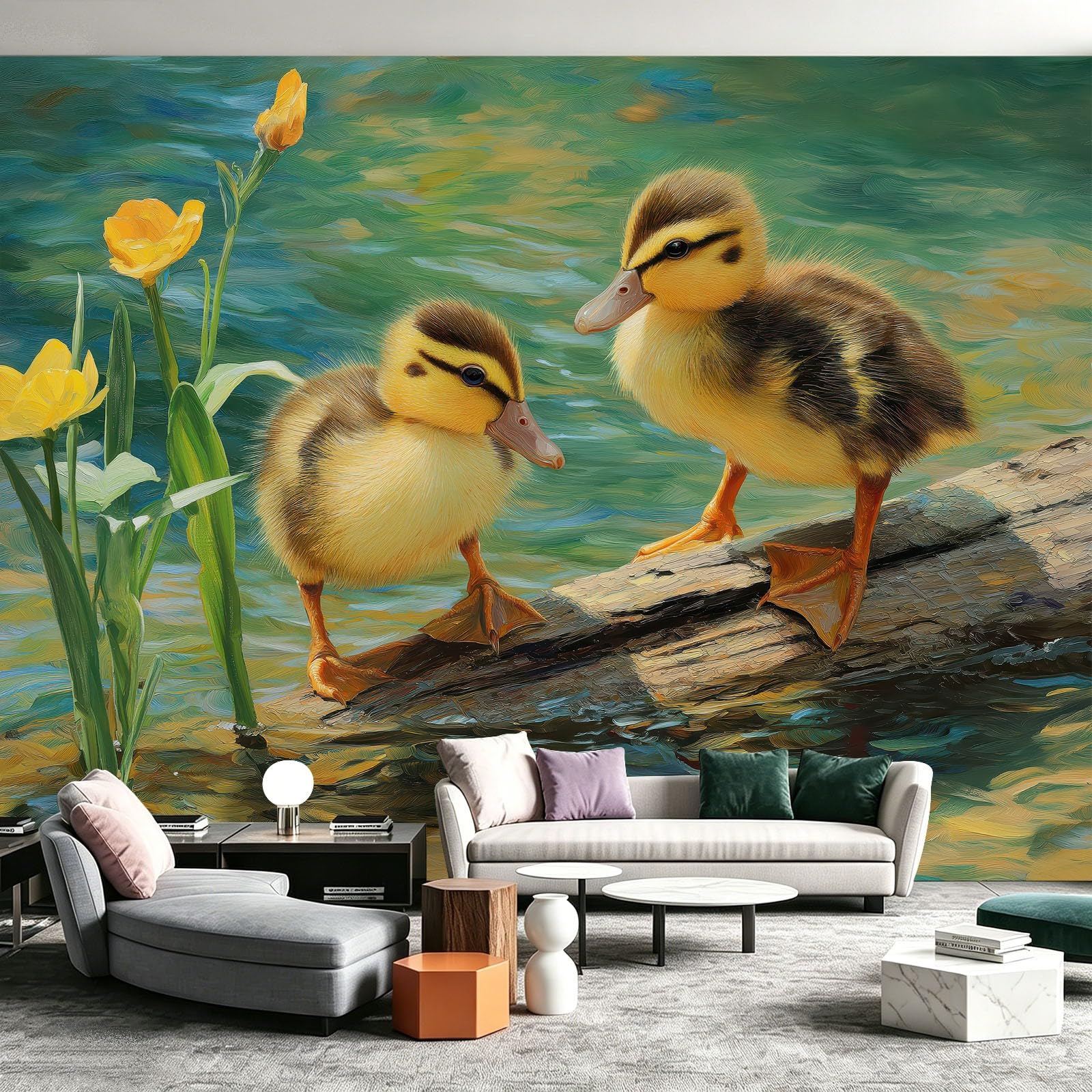 Fototapeta z włókniny, motyw zwierzęcia, kaczka, 350 x 256 cm, do salonu, sypialni, tapeta z włókniny, tapeta ścienna, efekt 3D, kwiaty, kwiaty, zielony liść, staw, pień drzewa