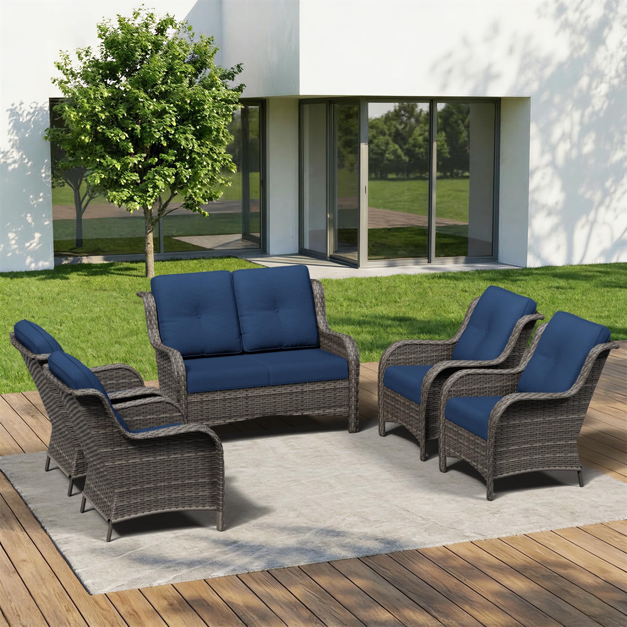 5 Piece Outdoor Wicker Patio Furniture Set, Patio Chairs Set with Thickened Olefin Cushions, High Back and Deep Seating, Hand-Woven PE Rattan for Porch, Deck