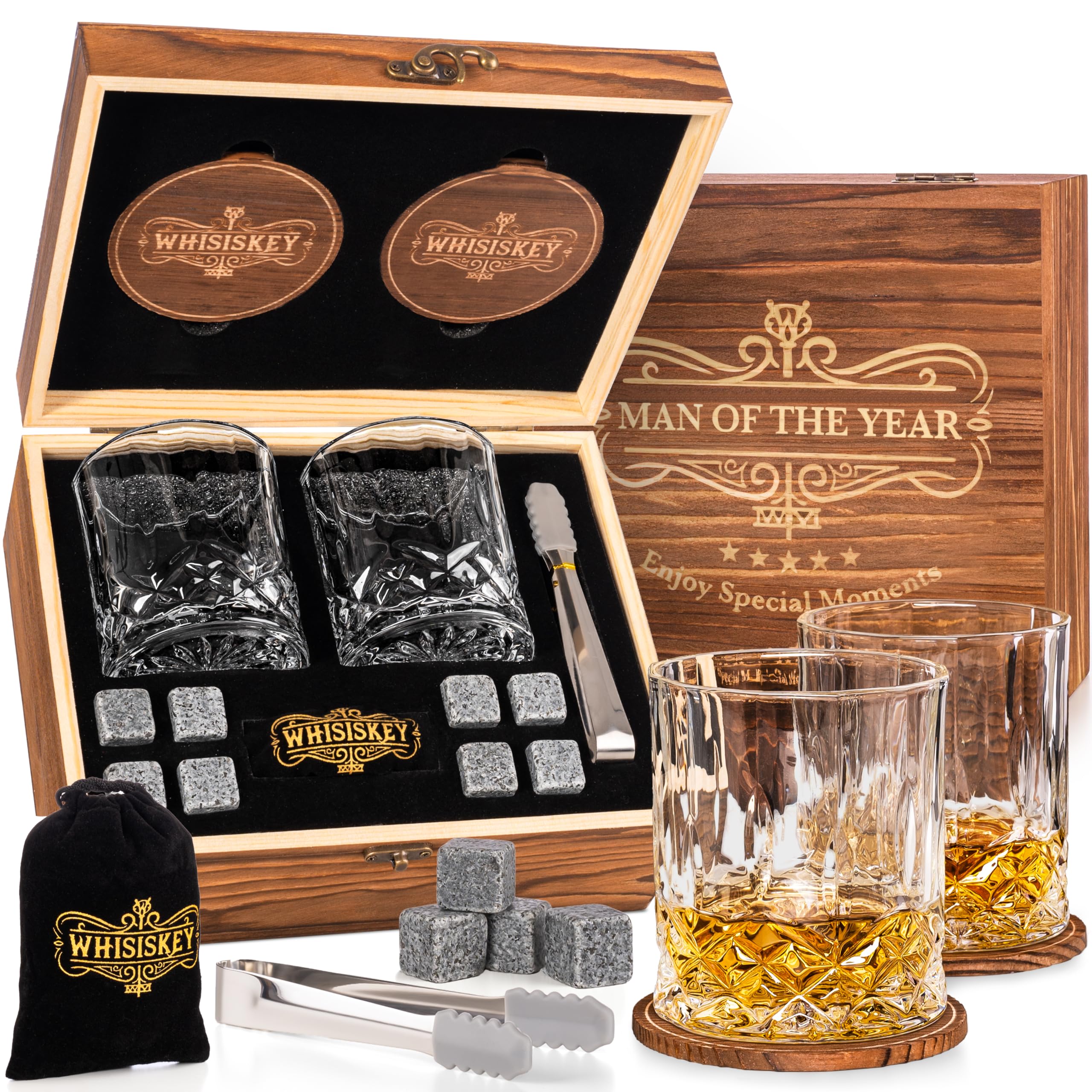 Whisiskey - Whiskey Glass Set - Whiskey Gift Sets for Men - Whisky Glass Gifts for Men - Rum Tumblers - Whisky Set with 2 Glasses, 8 Whiskey Stones, Accessories