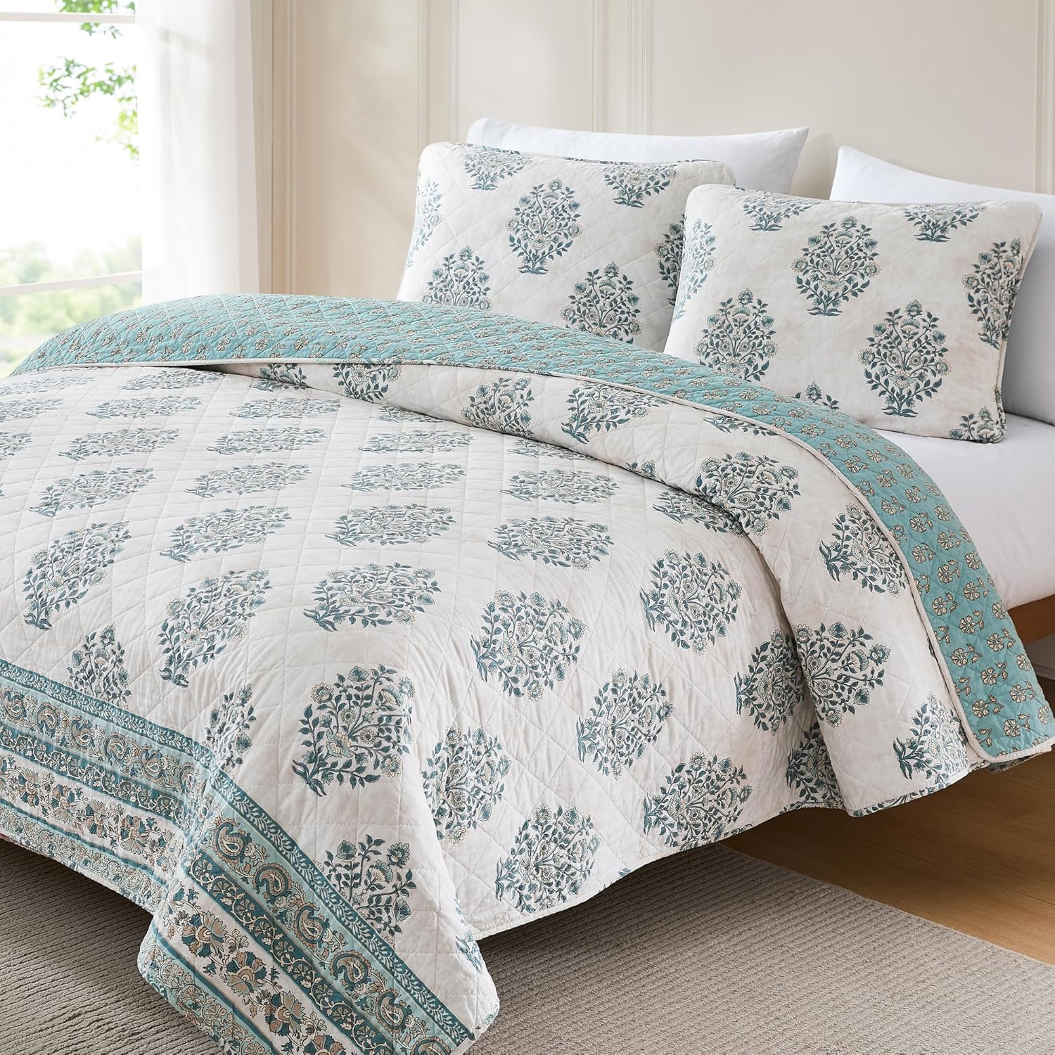 Lush Decor Sofia Flower Block Bouquet Reversible Cotton Quilt 3 Piece Set King/Cal King Teal - Block Print Quilt - Floral Bedding Set - Boho Decor