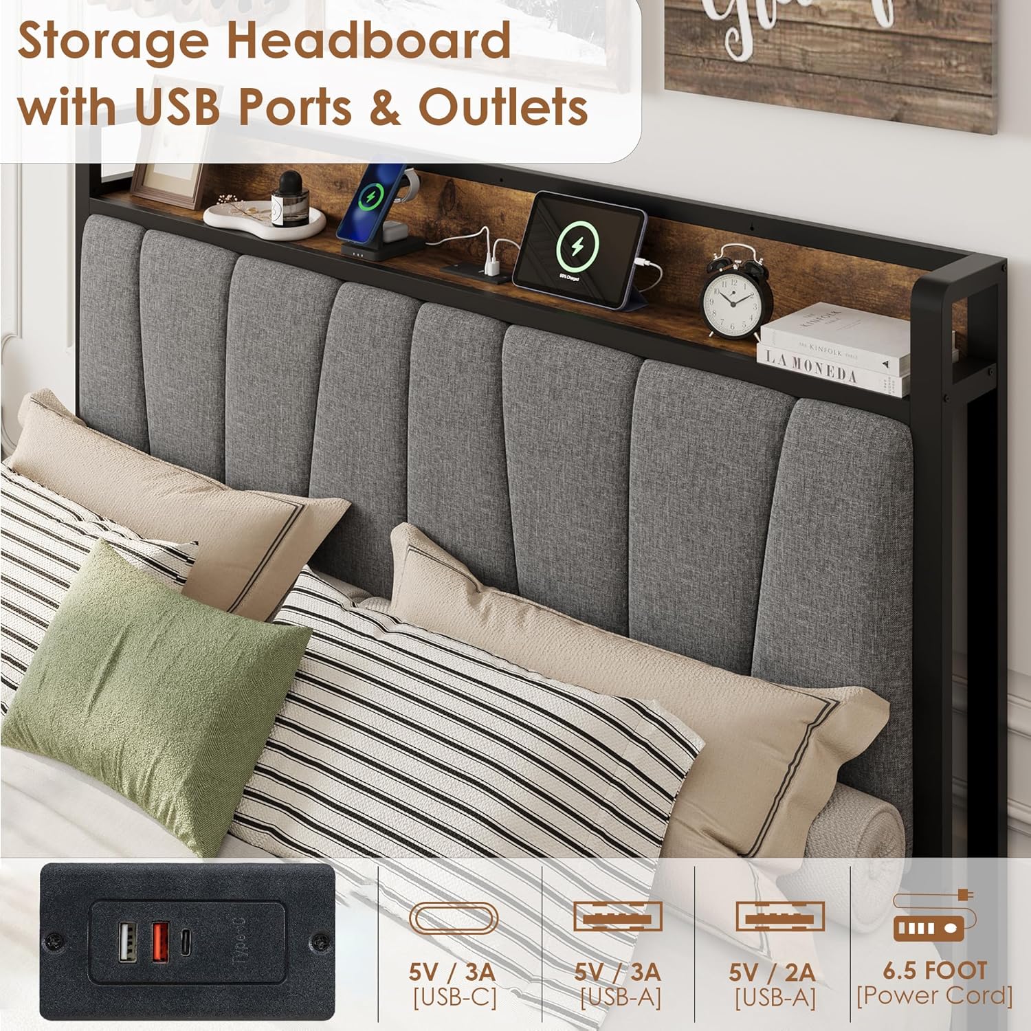 GAOMON Queen Size Bed Frame with Storage Headboard and 2 Drawers, Linen Upholstered Platform Bed Frame with Charging Station, Heavy Duty, No Box Spring Needed, Easy Assembly, Noise Free, Grey&Brown
