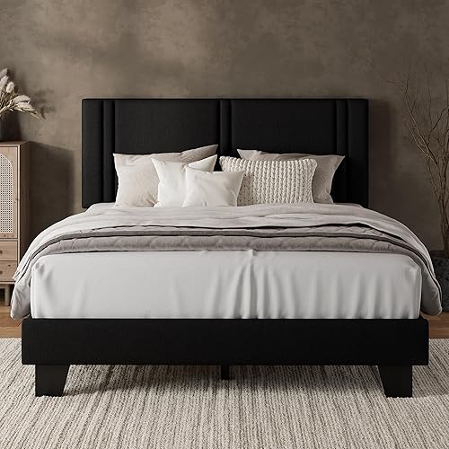 iPormis Base de cama de plataforma Queen con cabecera tapizada de tela y patas gruesas, base de colchón con soporte de listones de madera maciza, no