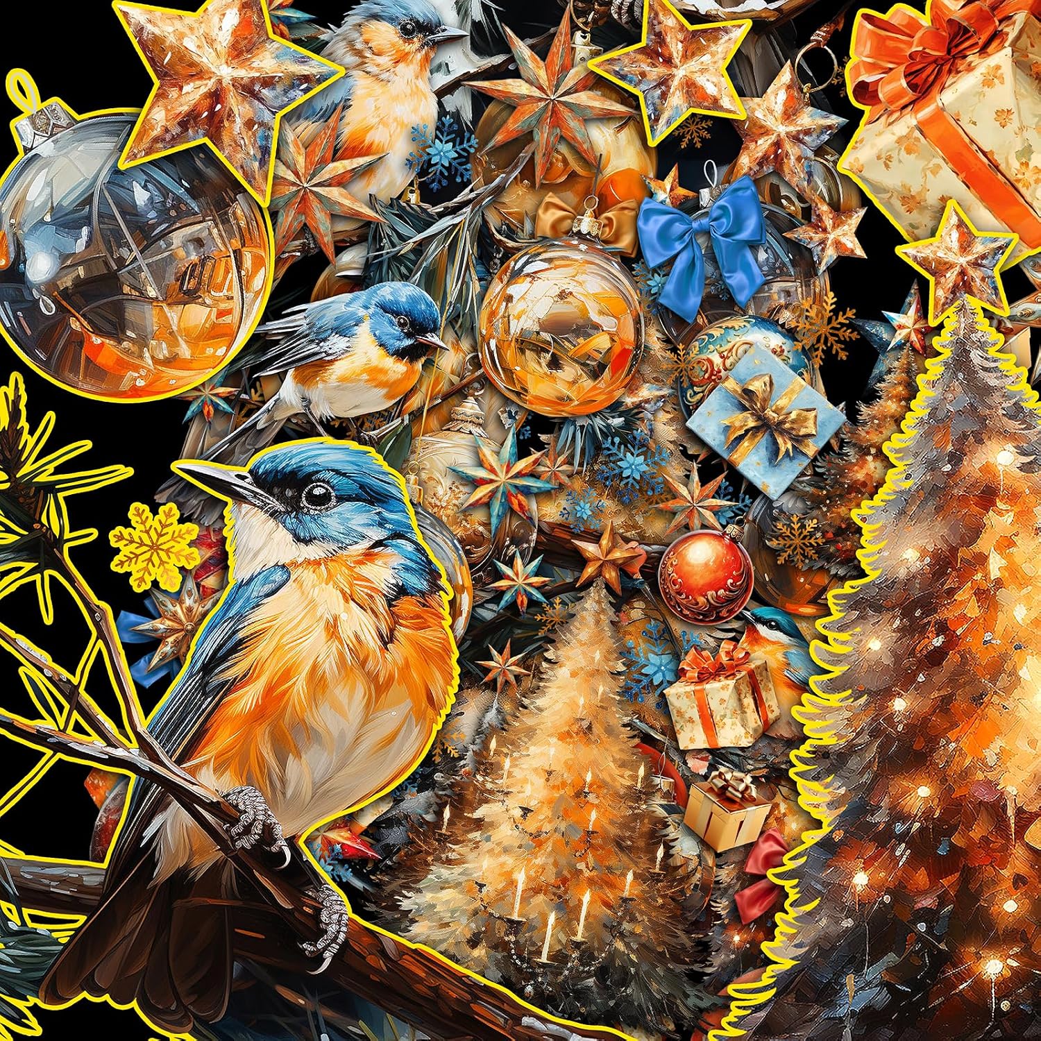 Decoupage Paper Pack (15 Sheets 8"x11") Sparkling Christmas Tree and Birds Ornament HANATABA Vintage Styled Ephemera Pictures for Decoupage Craft and Scrapbooking