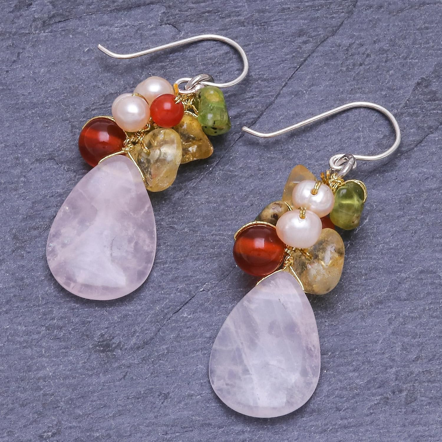NOVICA Artisan Handmade Rose Quartz Peridot Cluster Earrings Carnelian Citrine Sterling Silver Plated Pearl Cultured Green Multicolor White Beaded Dangle Thailand Birthstone [1.8 in L x 0.5 in W] '
