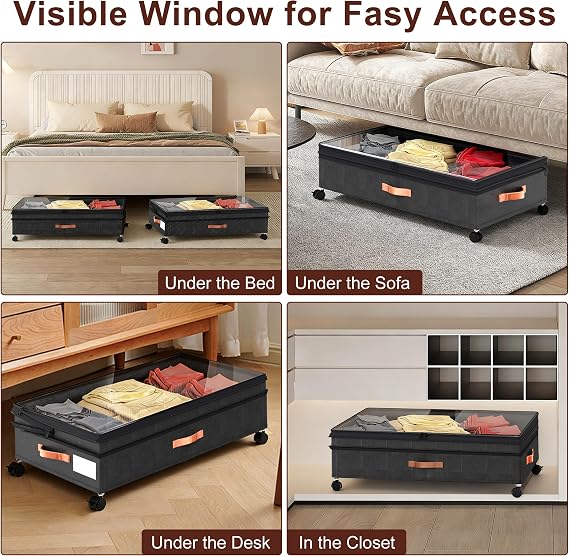 XXL Under Bed Storage with Wheels, 2 Pack 70L Extra Large Rolling Organizer, Heavy-Duty Foldable Storage Container with Lids, Fits 10 Clearance, Black