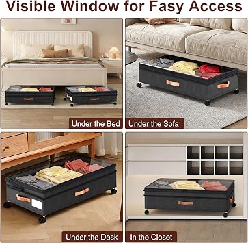XXL Under Bed Storage with Wheels, 2 Pack 70L Extra Large Rolling Organizer, Heavy-Duty Foldable Storage Container with Lids, Fits 10 Clearance, Black
