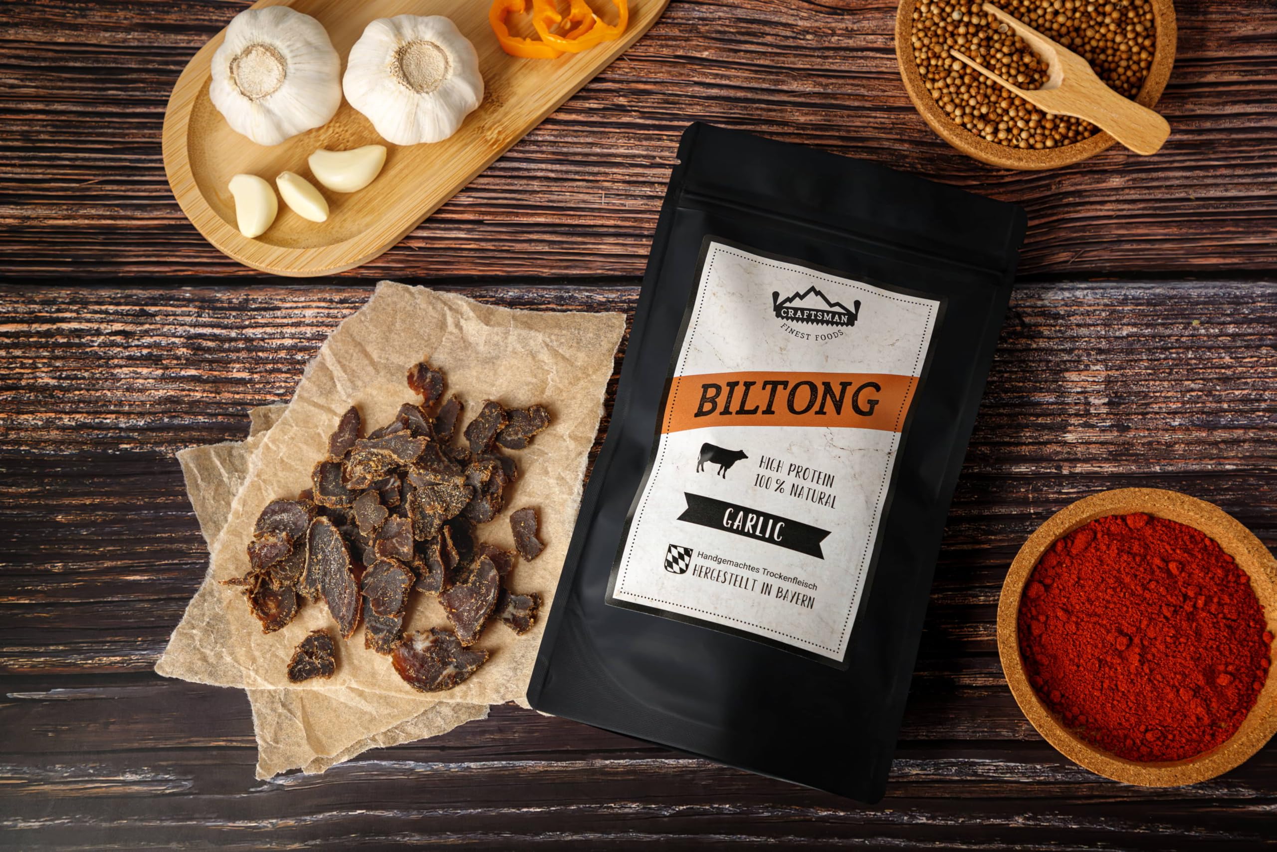 Craftsman Biltong Garlic Trockenfleisch | Beef Jerky Set aus Deutschland - Bayern | Ohne Zucker 100% Natürlich mit Knoblauch (5x 50g Garlic)