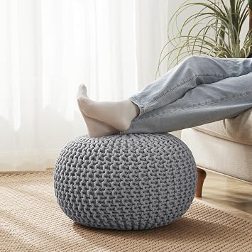 Pouf Ottoman Foot Rest Stuffed 20 Diameter x 14 Tall Cozy Floor Pouf for Living Room, Bedroom, Nursery & More 100% Cotton Knit Shell, EPS Bead Filled Footrest & Accent Chair, Gray