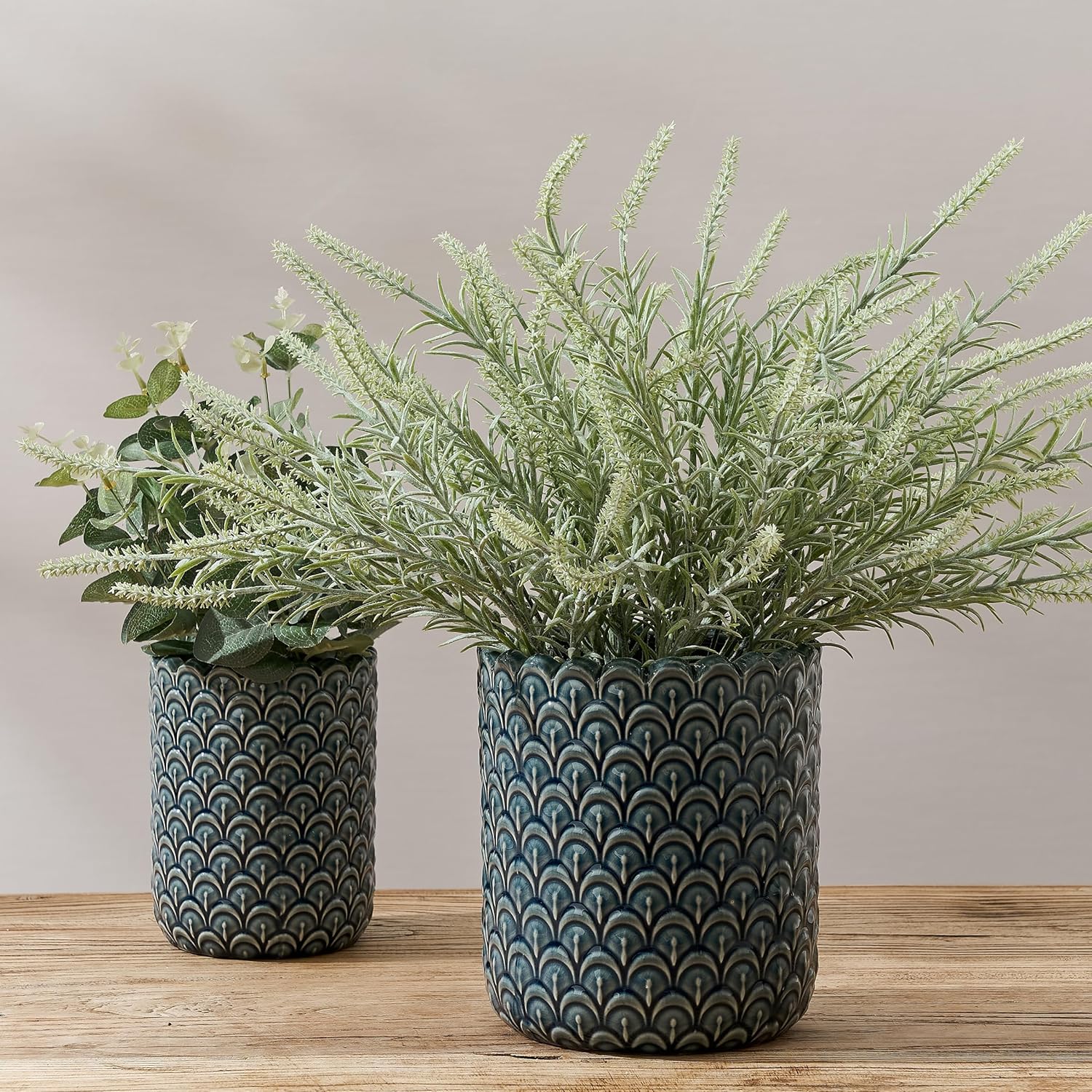 JIEMEI HOME Kitchen Utensil Holder, Large 7.5"+6.2" Petal Ceramic Utensil Crock for Countertop, Utensil Holder with Cork Mat, Morden Utensil Organizer for Spatula, Kitchen Decor, Set of 2- Blue