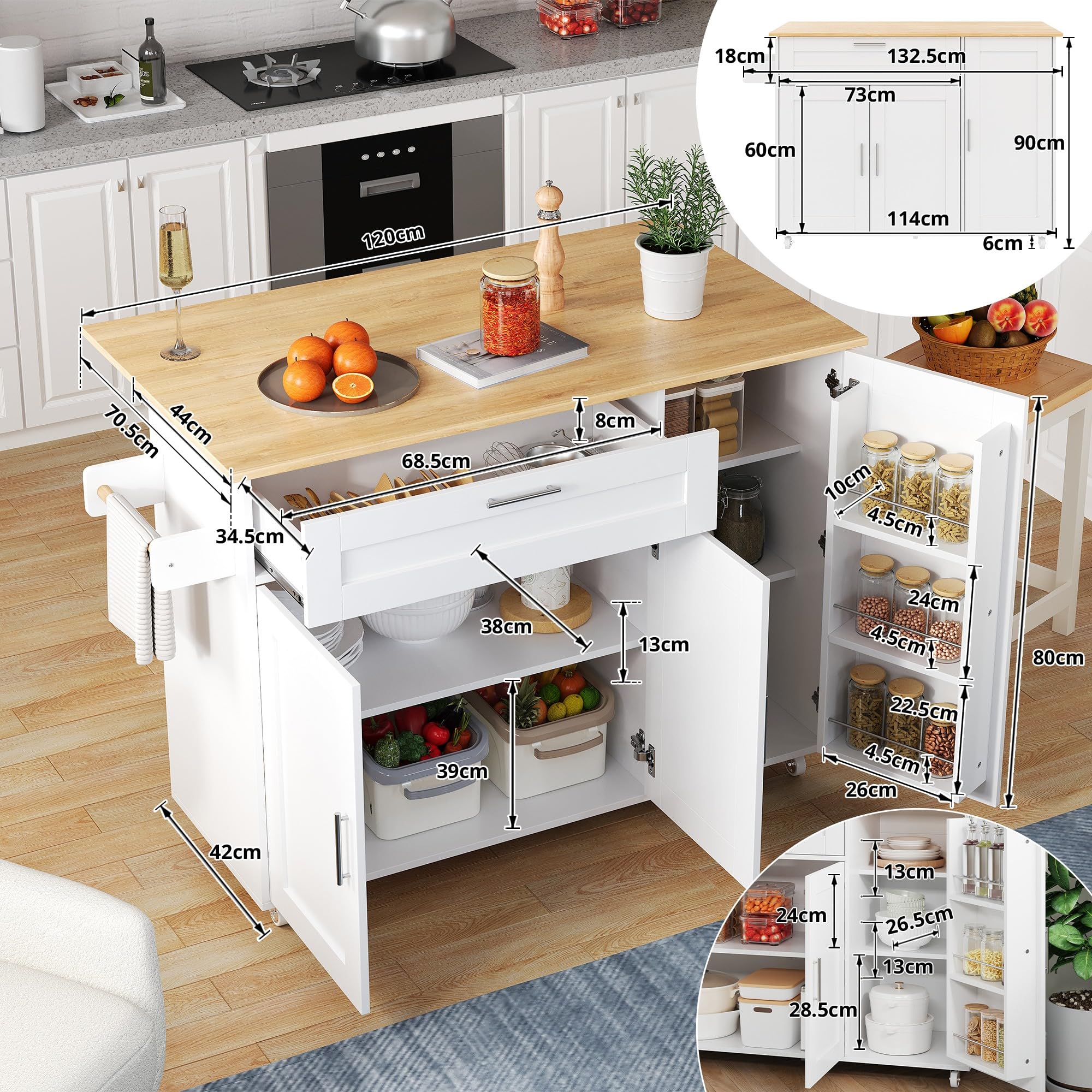 ISCBAFYX Cucina Mobile Multifunzionale con Piano di Lavoro Pieghevole in Legno di Quercia 132,5x44x90 cm 5 Ruote girevoli Elegante Armadio per la casa e la Sala da Pranzo