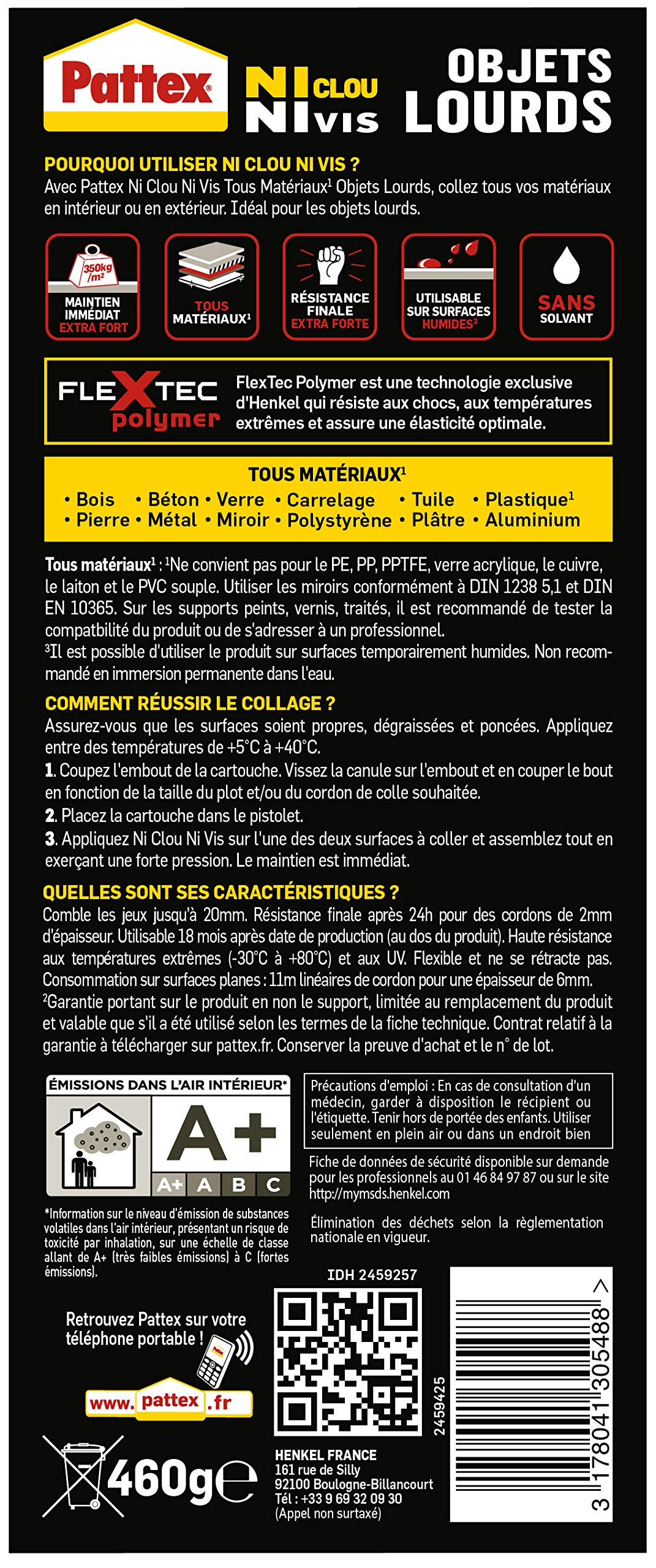 Pattex Ni Clou Ni Vis Fix Objets Lourds, Colle de fixation forte tous supports, colle de construction puissante et flexible, colle blanche, cartouche de 460 g (Lot de 2)