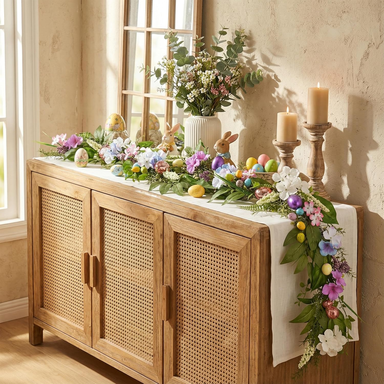 DecorbyHannah Easter Garland for Mantle, 6 ft Artificial Easter Decorations for Home with Pastel Electroplated Eggs, Spring Garland with Hydrangeas Flowers for Table Door Window Indoor Decor