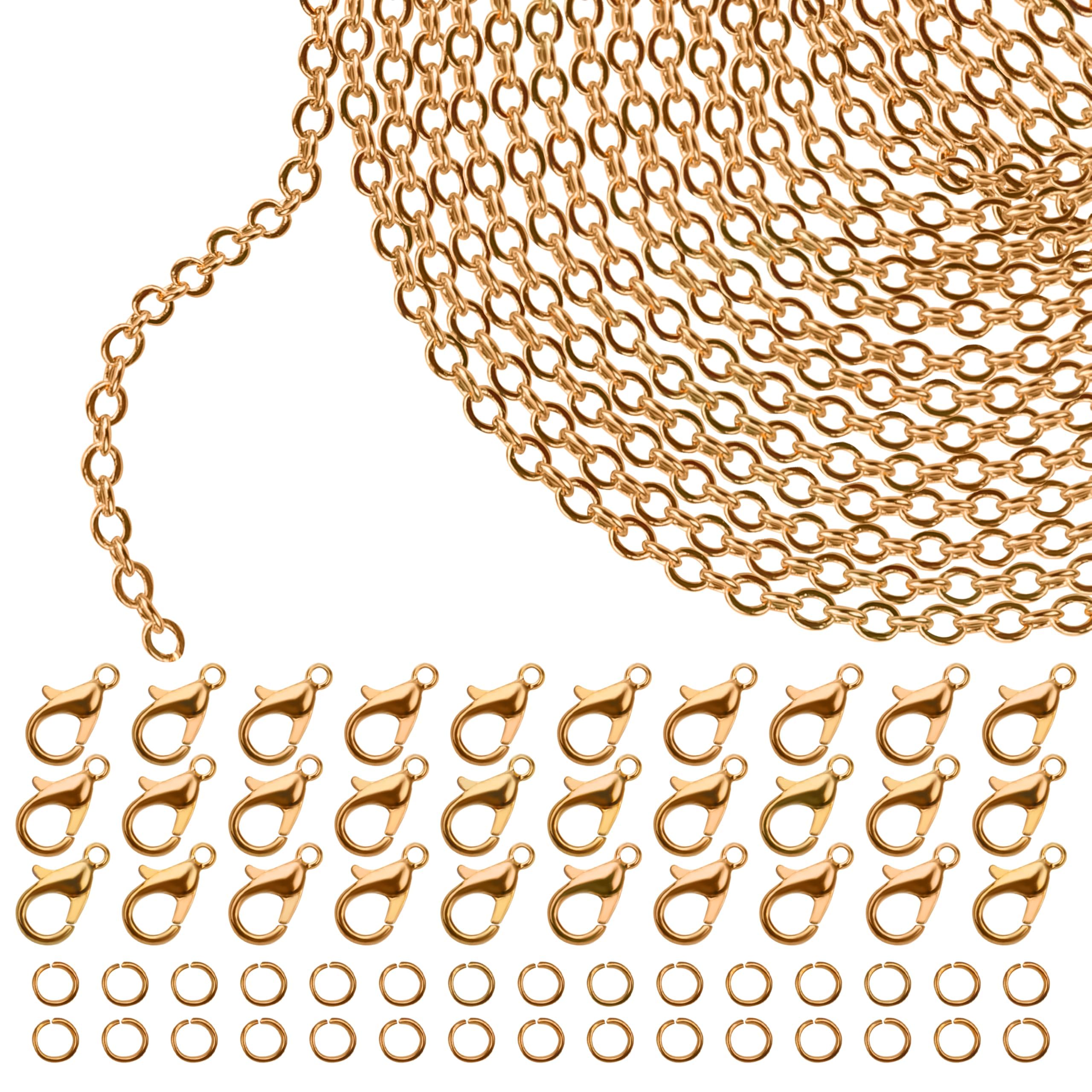 Kit Chaîne Acier Inoxydable Dorée 10m + 30 Fermoirs + 30 Anneaux - Fabrication Bijoux Homme & Femme