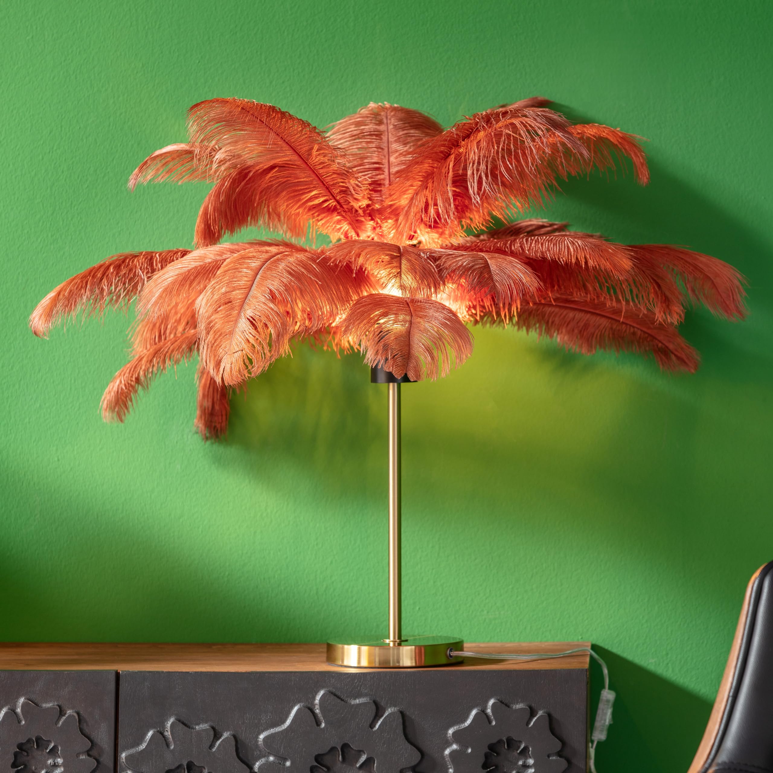 Kare Design Lámpara de Mesa Feather Palm Rusty, Rojo, Motivo de Palmera, Plumas, Luz Decorativa, Decoración para Dormitorio y Sala de Estar, sin Bombilla Incluida, 60x50x50 cm (AxAxP)