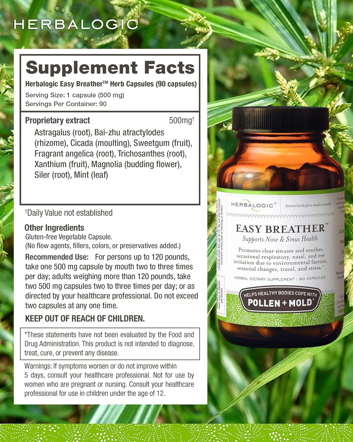 Herbalogic - Easy Breather Herb Capsules - Supports Nose & Sinus Health - Helps Healthy Bodies Cope with Pollen & Mold - Based on the Traditional Chinese Formula Yu Ping Fang San - 90 Cap Count