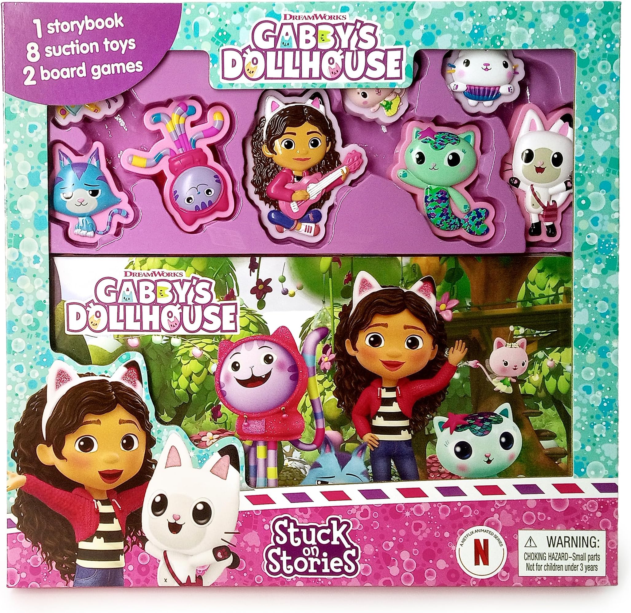 - Gabby's Dollhouse Stuck on Stories - Activity Books for kids, 16-page storybook, 8 toy suction cups, 2 board games to enjoy