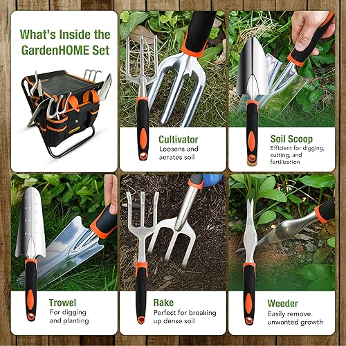 Miniatura 3 de Juego de herramientas de jardín, 7 piezas de herramientas de jardinería con taburete plegable resistente y bolsa de herramientas de jardín