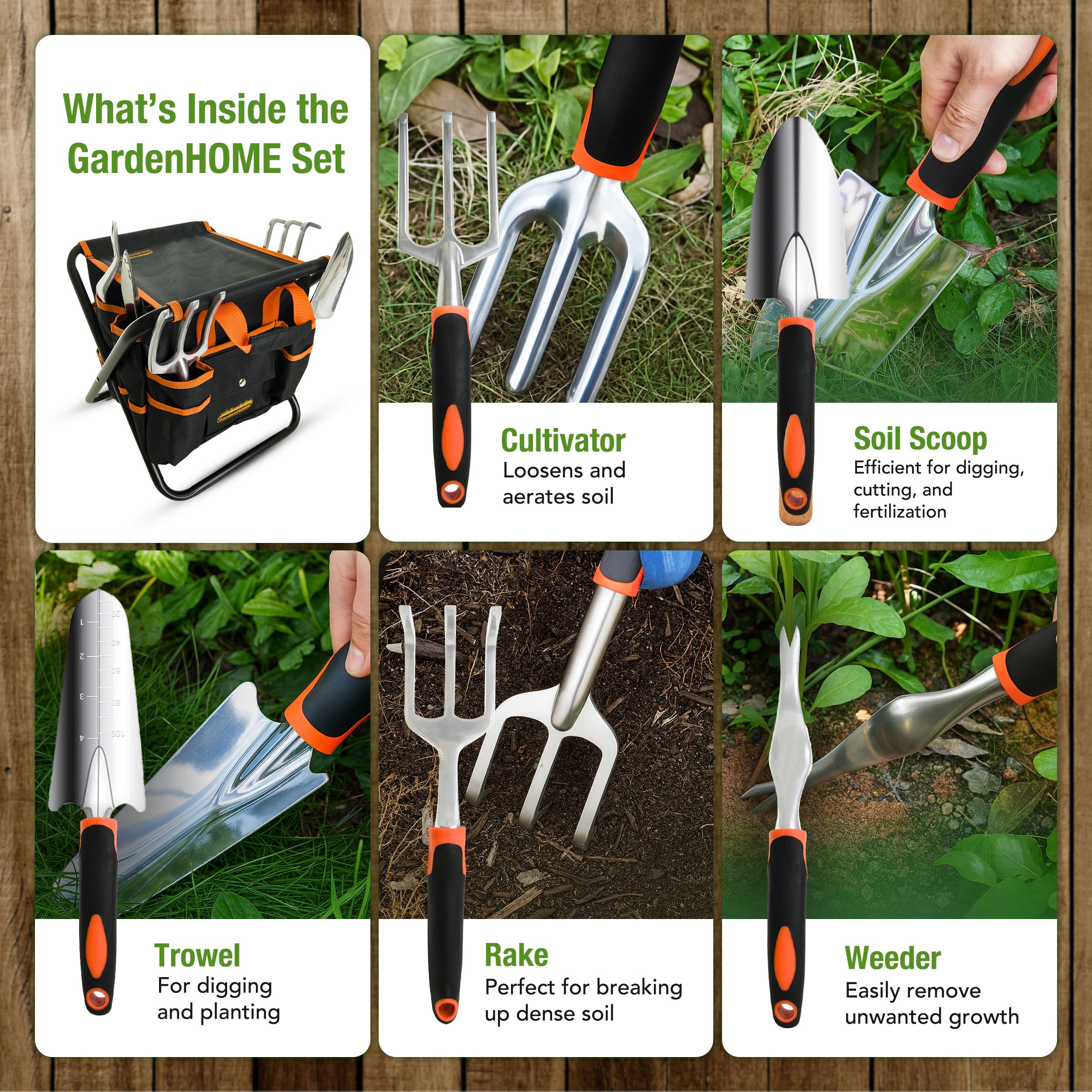 GardenHOME Set di attrezzi da giardino, set di attrezzi da giardinaggio da 7 pezzi, con sgabello pieghevole resistente e borsa per attrezzi da giardino rimovibile, regalo per donne uomini e bambini