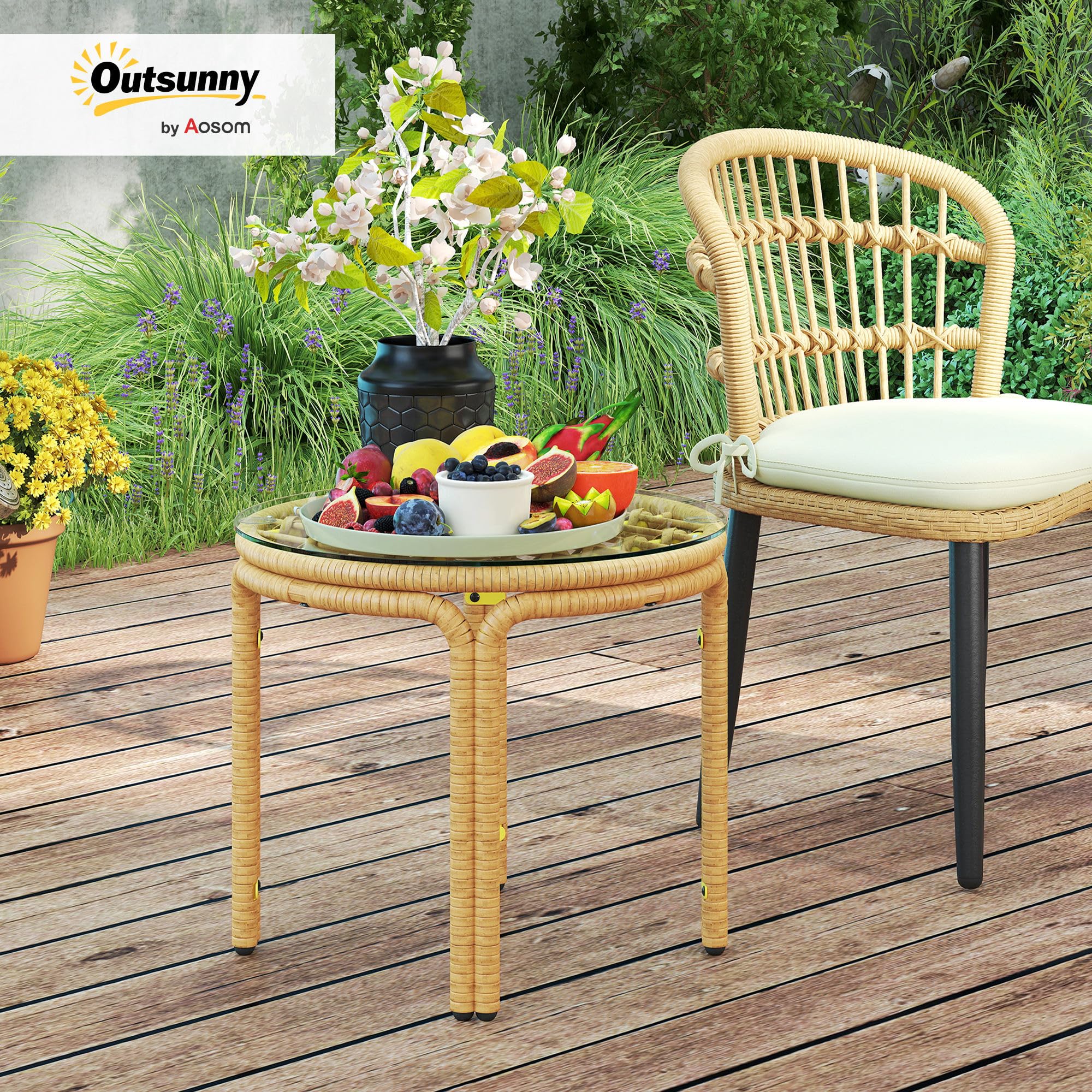 Outsunny Table d'appoint en résine tressée Ronde, Table Basse de Jardin avec Plaque en Verre, Facile à Nettoyer pour terrasse, Jardin, Balcon, Ø 50 x 44 cm, Jaune