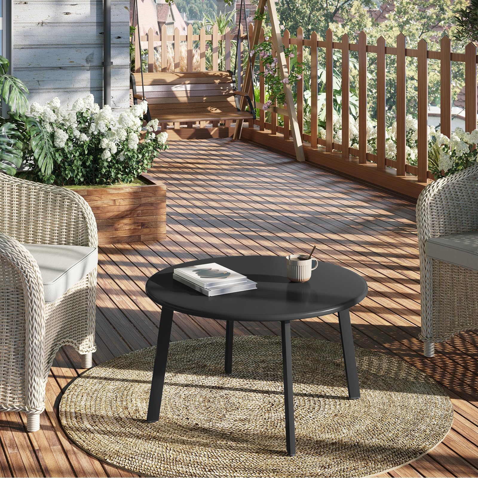 eSituro Tavolo da Giardino, Tavolo da Esterno, Tavolino Salotto Rotondo, Tavolino da Balcone, Stile Industriale, per Interni ed Esterni, in Metallo Nero, φ70xH40cm