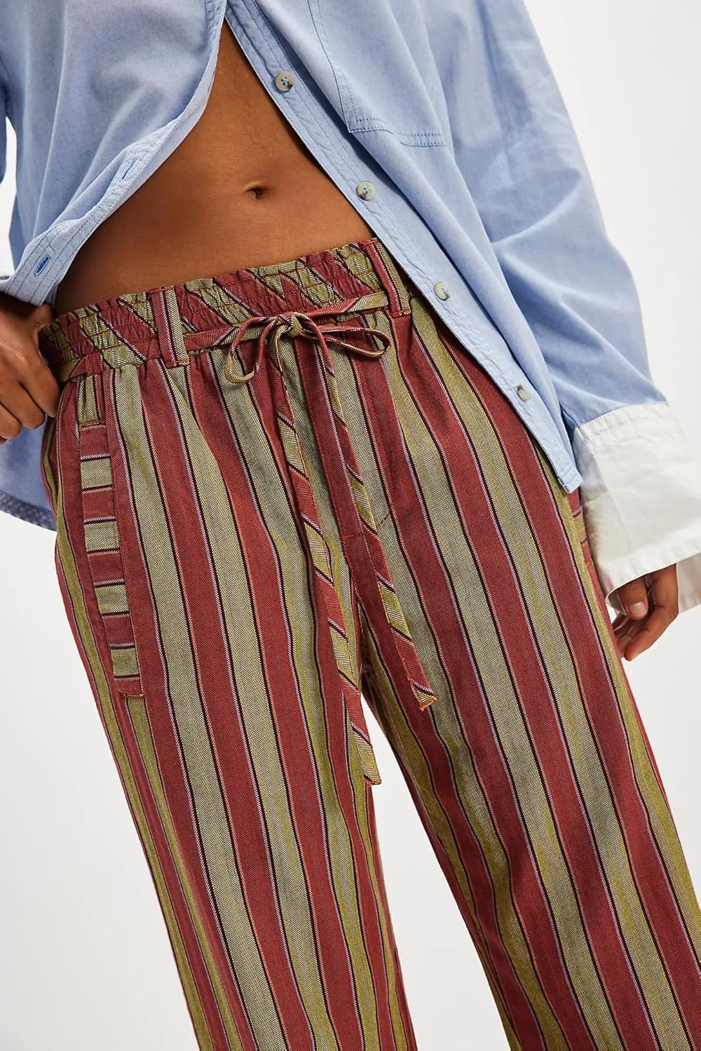 Women Casual Drawstring Elastic Waist Loose Wide Leg Striped Pants with Pockets - Image 3