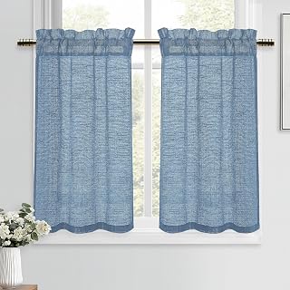 DWCN Scheibengardinen Modern Blau Leinenoptik Kurzgardine H90xB60cm 2 Stück