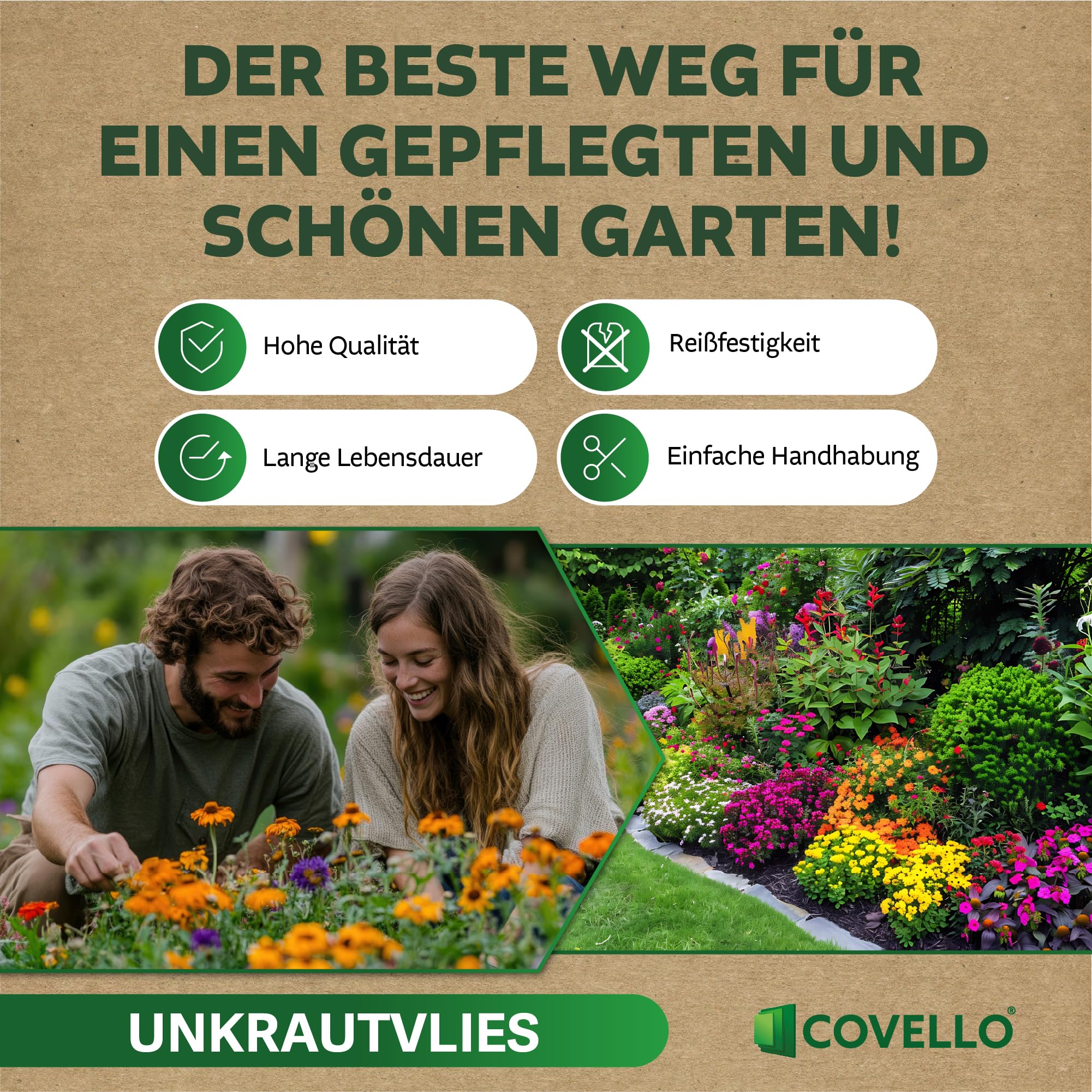 Covello Unkrautvlies 40m² Premium Line - Unkrautfolie wasserdurchlässig - Unkrautvlies für Garten - Gartenvlies gegen Unkraut hohe UV-Stabilisierung (40m x 1m) - reißfestes Unkrautvlies 50g/m²