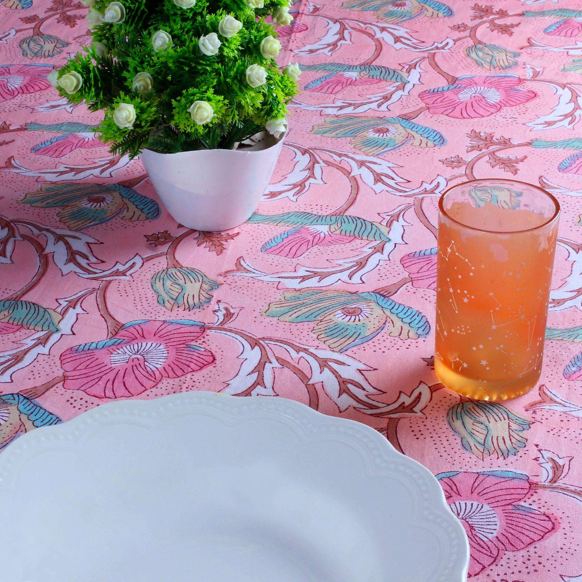 THE Unltd India Dusty Pink 100% Cotton Rectangle Tablecloth, Block Print Summer Floral Dining Table Cloth, 60 x 90 Inches - Image 2