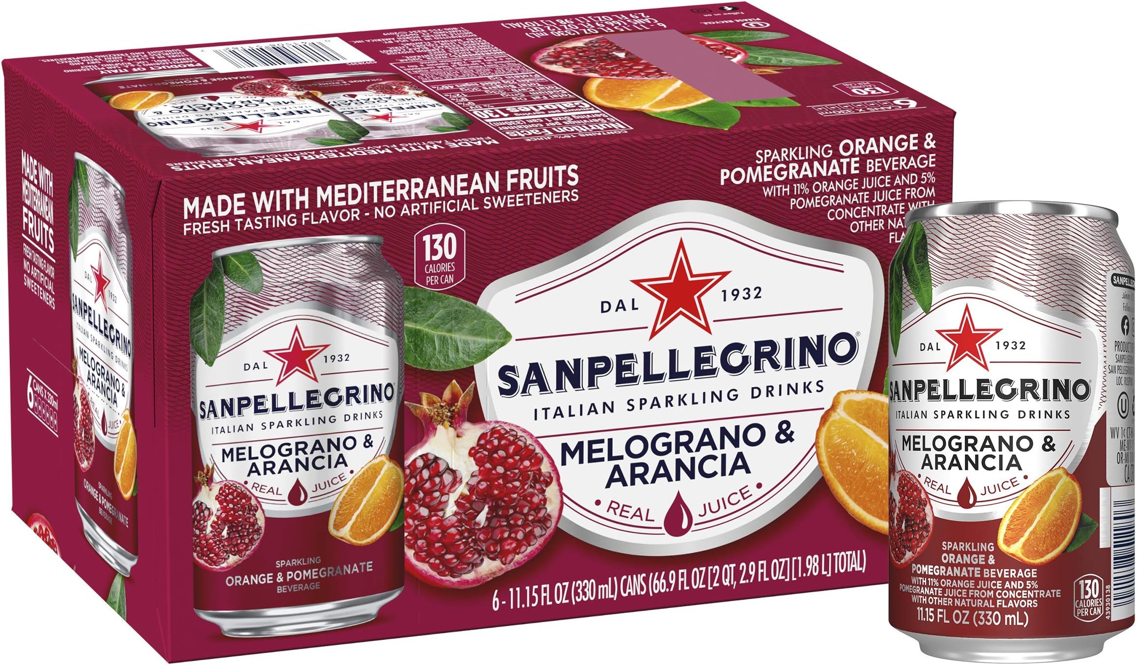Sanpellegrino Italian Sparkling Drink, Pomegranate and Orange, 11.15 Fluid Ounce, Cans (Pack of 6)