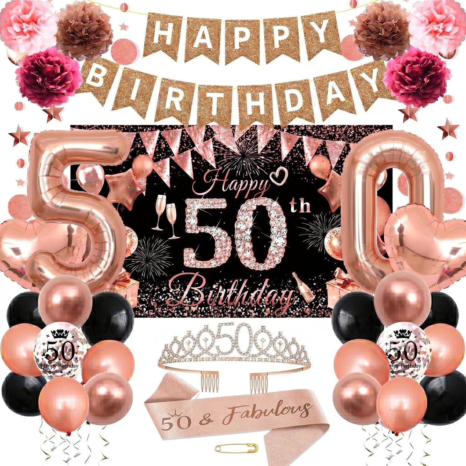 50th Birthday Decorations for Women, 33pcs Black Rose Gold 50th Birthday Kit with Crown & Sash, Happy 50th Banner Balloons Backdrop Paper Fans Hanging Swirls, Fifty Years Old Party Supplies